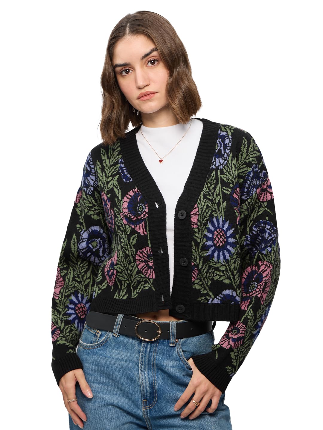 The Souled Store Sweater Cardigan: Zinnia Women and Girls Long Sleeves V Neck Button Front Black All Over Printed Acrylic Oversized Knitted Sweaters The Souled Store Sweater Cardigan: Zinnia Women and Girls Long Sleeves V Neck Button Front Black All Over Printed Acrylic Oversized Knitted Sweaters