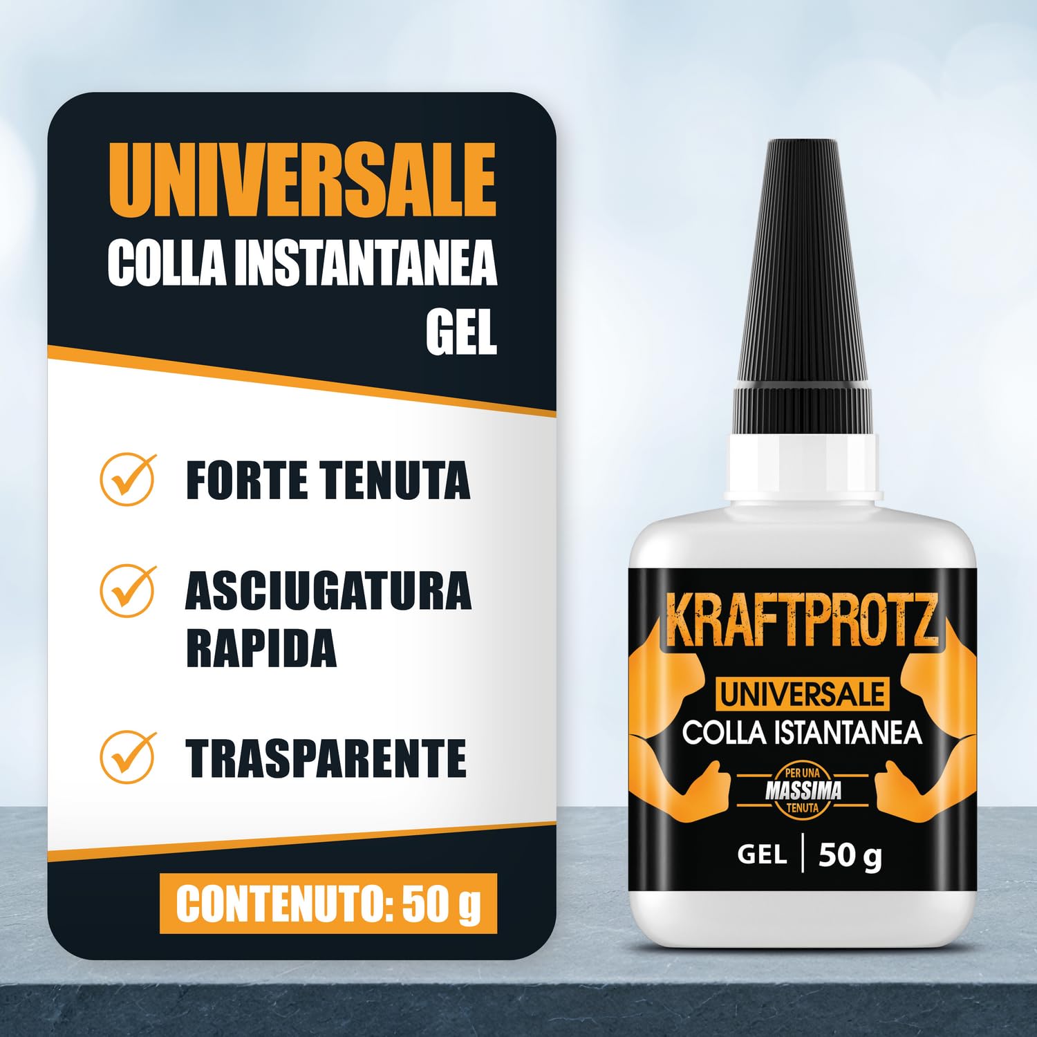 Colla istantanea in gel extra forte 50 g – Supercolla XXL con ago dosatore – trasparente, non cola, impermeabile e resistente al calore – adesivo per plastica, legno, metallo, vetro – KRAFTPROTZ ARKA