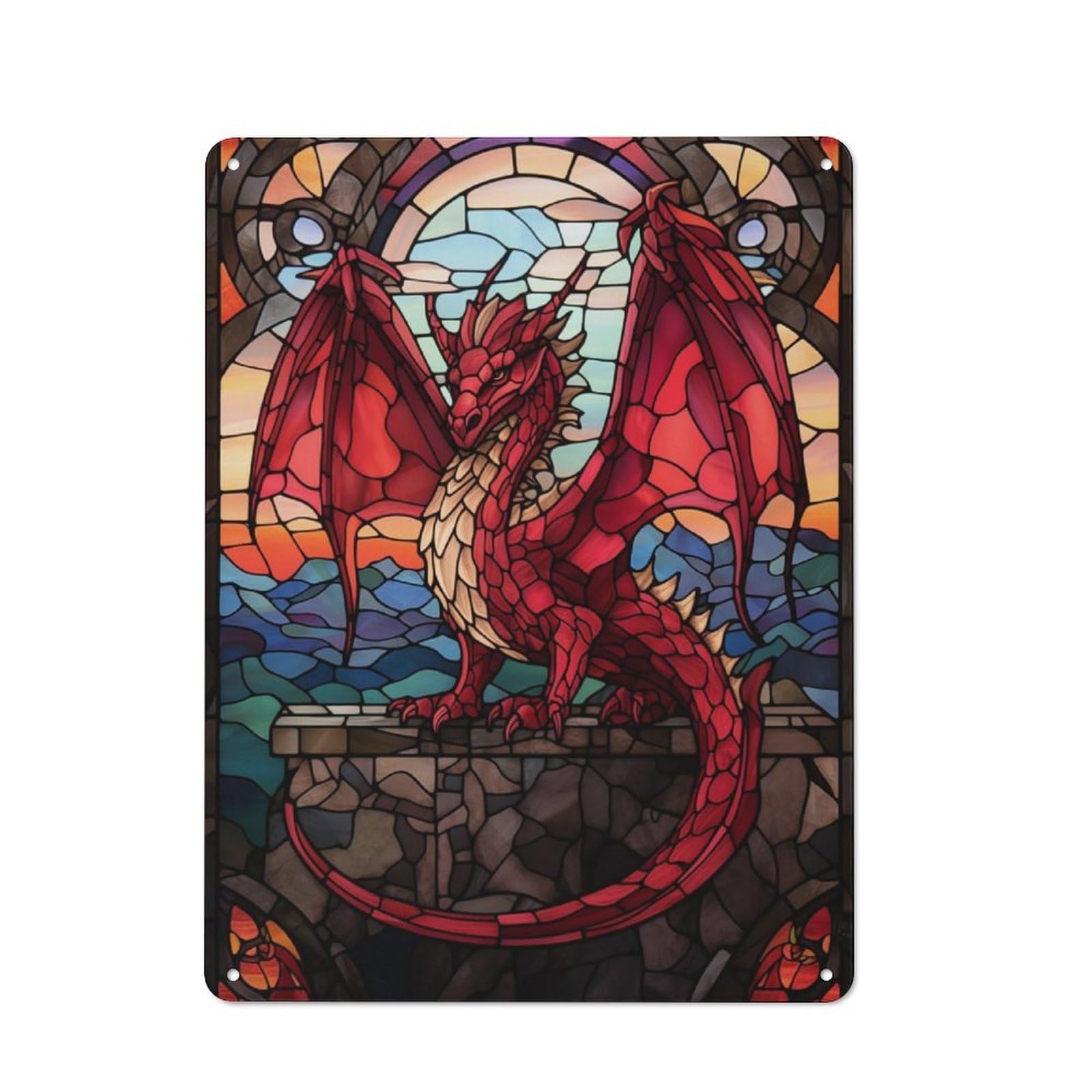 Junmoney Red Dragon Stained Glass Metal Sign 40X30cm With For Workshop Wall, Rustic Decor, For Garage, Workshop And Man Cave Decoration