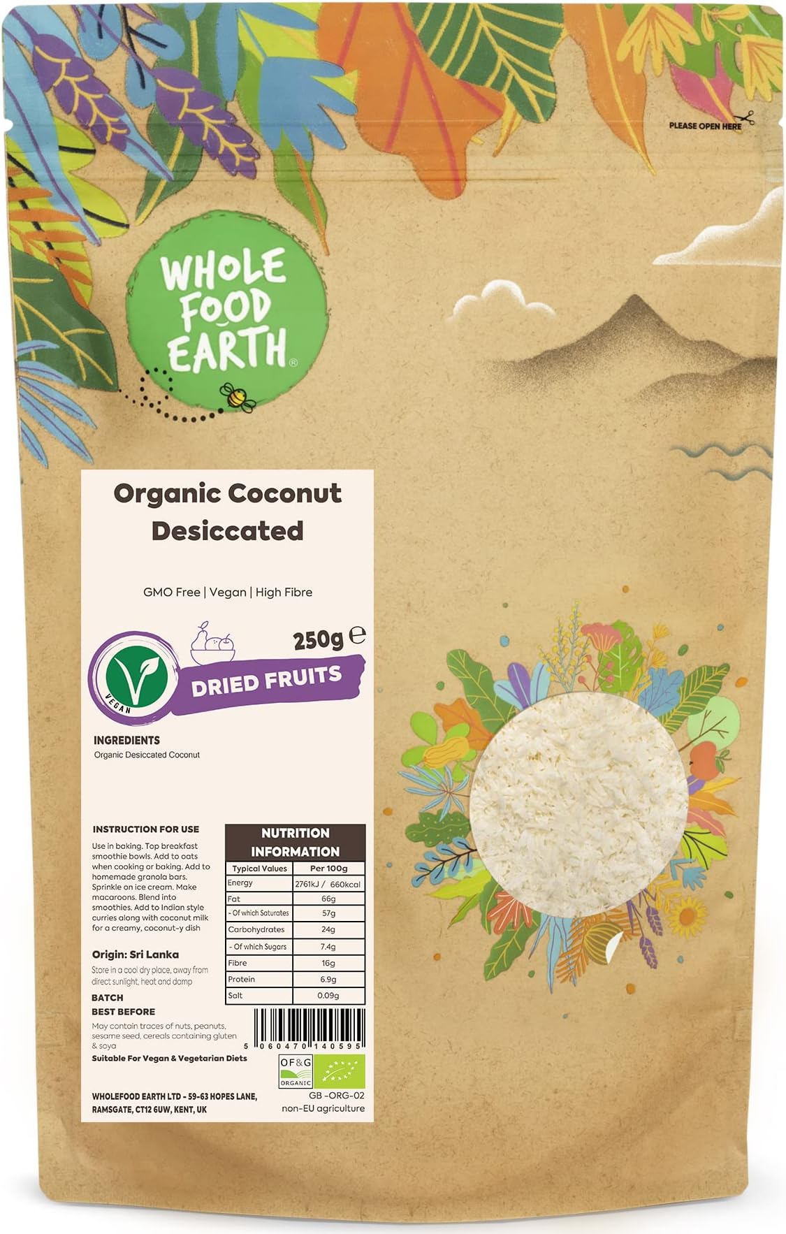 Wholefood Earth Organic Coconut Desiccated โ 250g | GMO Free | Vegan | High Fibre | Certified Organic