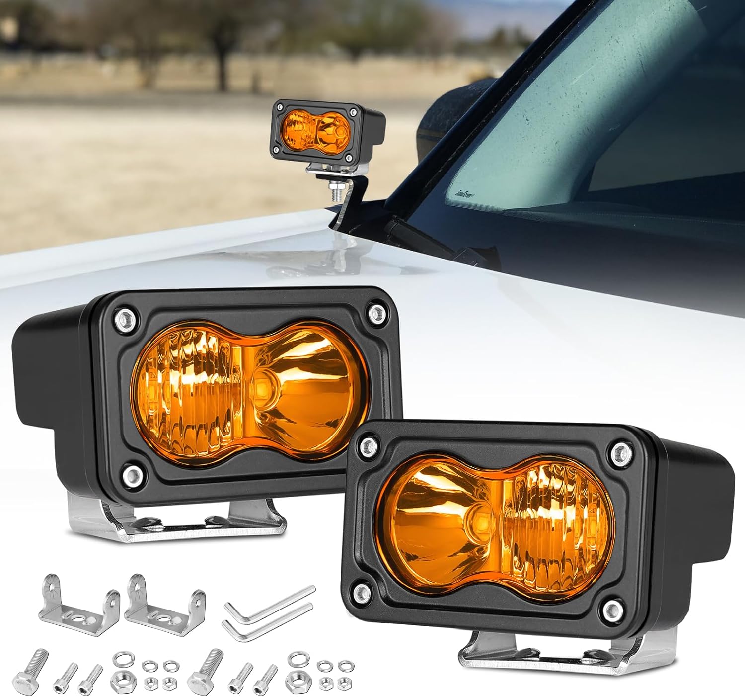 Amber LED Pods, Rfroad Lighting 3 Inch 40W LED Chase Light Ditch Lights Spot Flood Combo Small LED Pods Light Fog Lights LED Cubes 2 Packs for Motorcycle Truck UTV SUV ATV Dirt Bike Boat Offroad