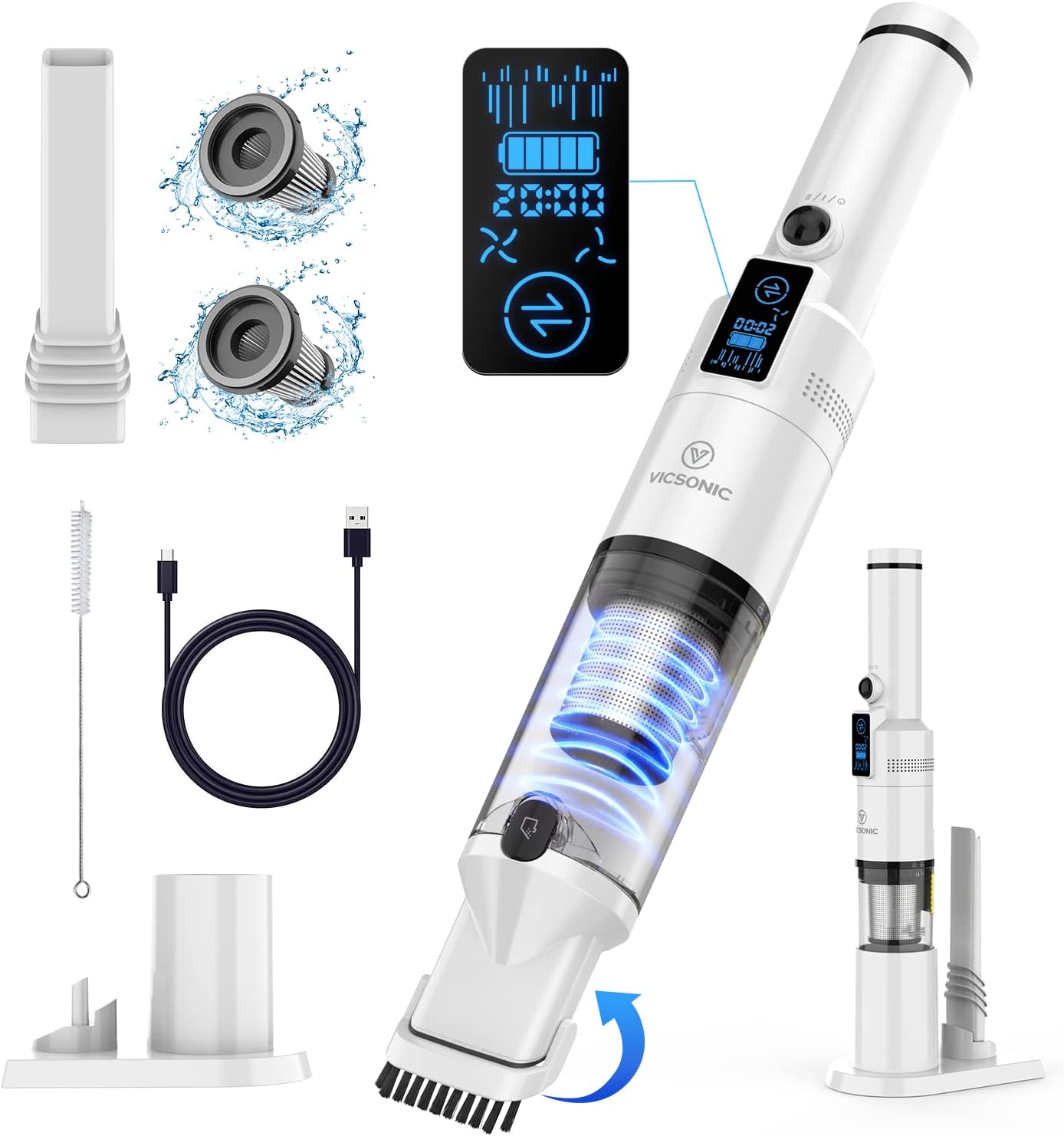 VICSONIC LED Aspirapolvere Auto 13KPa Aspirapolvere Portatile Disponibile per 20 Minuti, con Schermo Intelligente, Base da 1,1 lb, Contenitore per la Polvere da 200 ml e Cavo di TipoC VICSONIC LED Aspirapolvere Auto 13KPa Aspirapolvere Portatile Disponibile per 20 Minuti, con Schermo Intelligente, Base da 1,1 lb, Contenitore per la Polvere da 200 ml e Cavo di TipoC