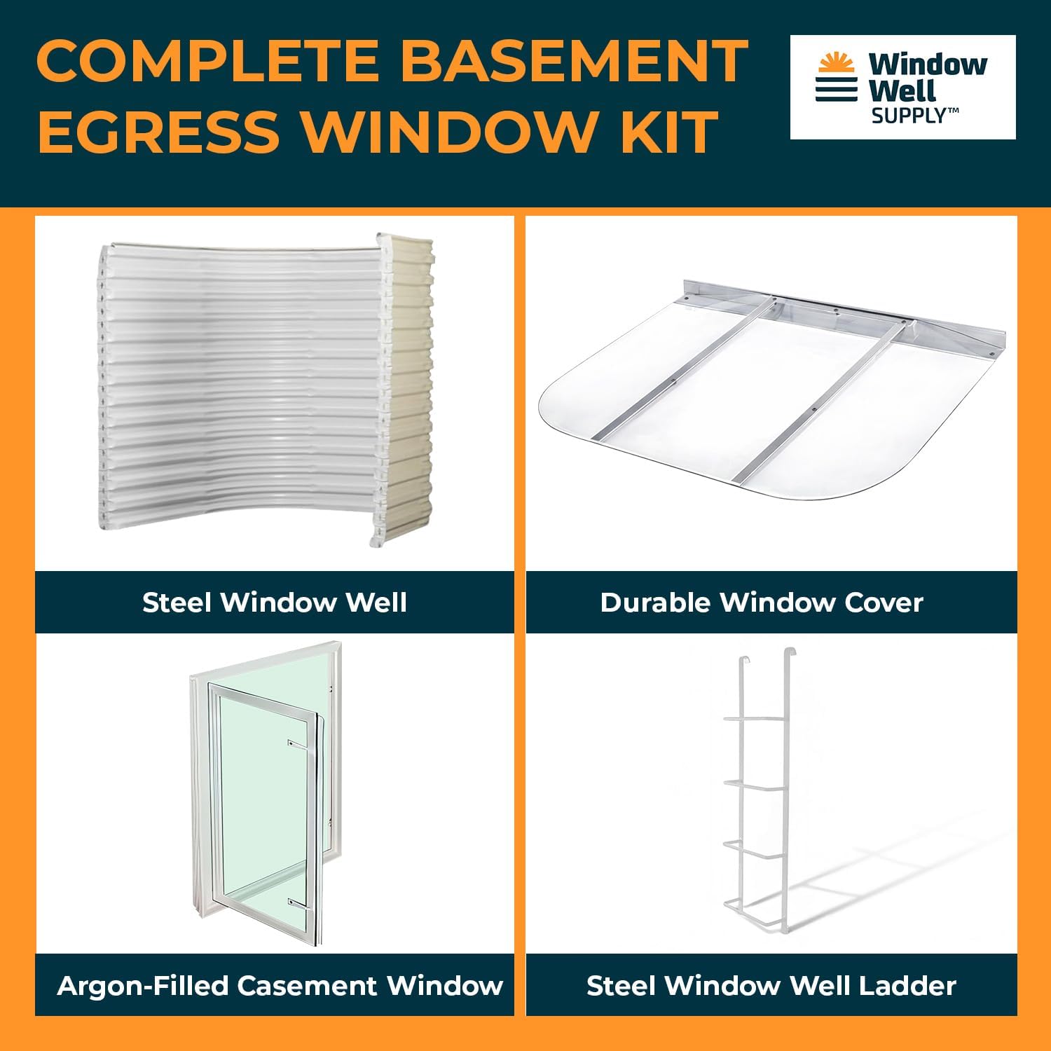 Complete Basement Egress Window Kit - Argon Filled Basement Egress Windows, Window Well, Wells Ladder & Cover, Heavy Duty Exit Windows Well Kit - White 55"L x 36"W x 60"D