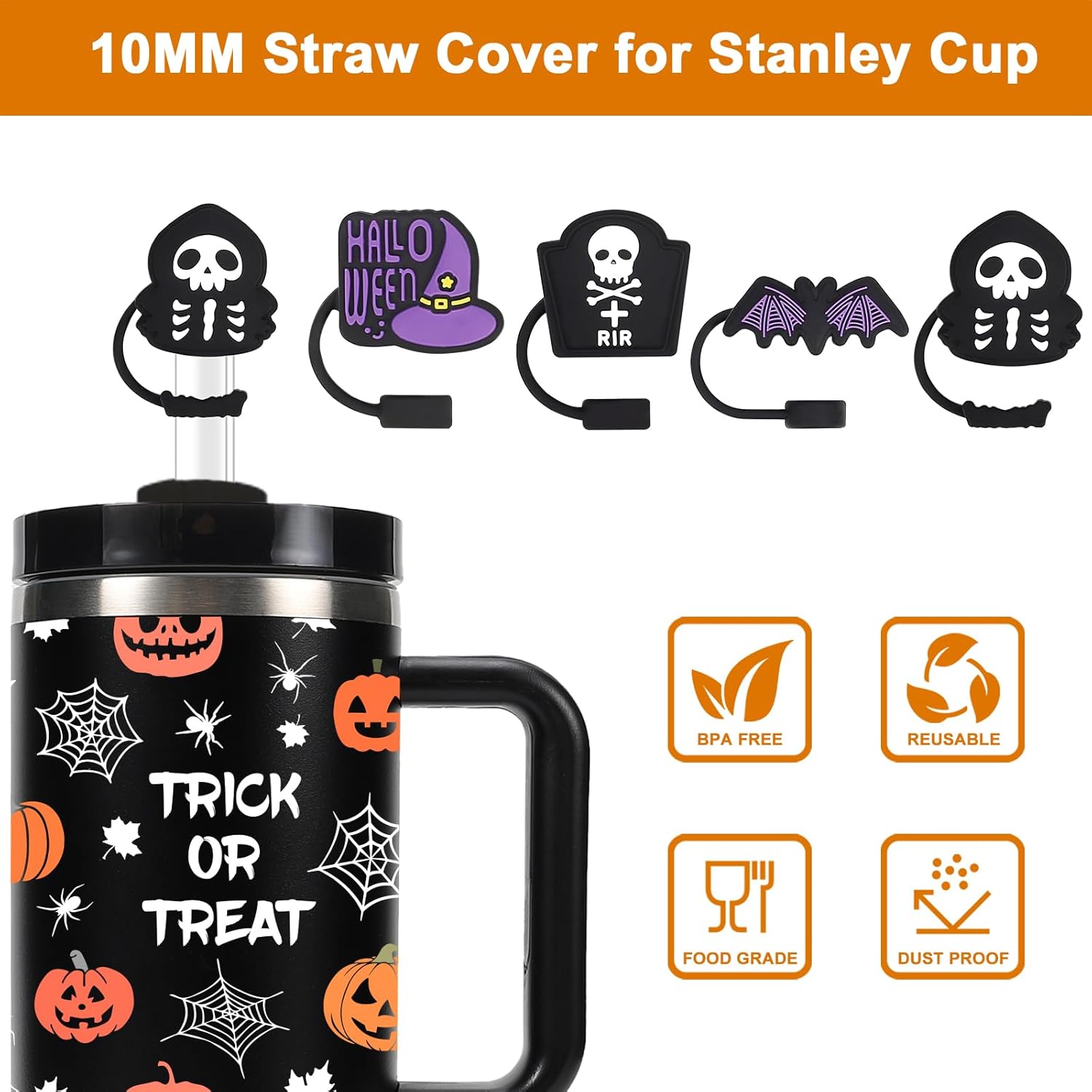 Christmas Halloween Straw Covers Cap Compatible with Stanley Cup 30 40 oz, 4PCS Silicone Reusable Drinking Straw Topper Including 4 styles, Funny Party Straw Cover for Stanley. (Bat&Skull Set) - Image 3