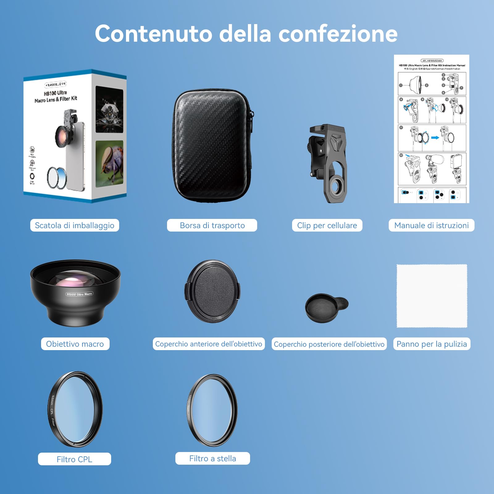APEXEL HB100 Ultra Lente Macro HD per Cellulare con Filtro CPL e Starlight da 52 mm, Apertura F1.05 e Rivestimento AF, Obiettivo Macro per Smartphone Adatto per iPhone, Samsung e altri Smartphone
