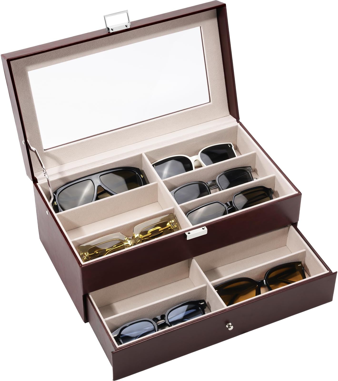 ProCase 12 Slots Sunglasses Organizer Case Box for Women Man, Sunglass Eyeglass Eyewear Storage Display Case, 2-Layer with Drawer Glass Lid, Glasses Collector Box -Brown