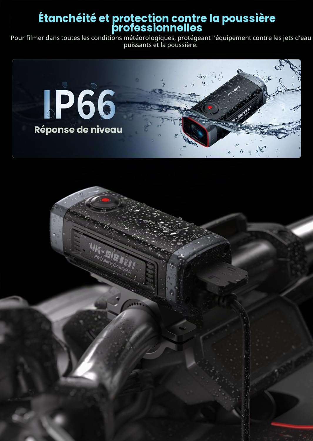 Akeeyo-710pro EIS Motorcycle Camera,4K 28fps 20MP WiFi Motorcycle Dash Cam,IP66 Ultra HD Imperproof Motorcycle Camera,142° Grand Angle Vision Nocturne avec Carte 64 Go,G-Sensor,Mode de Stationnement