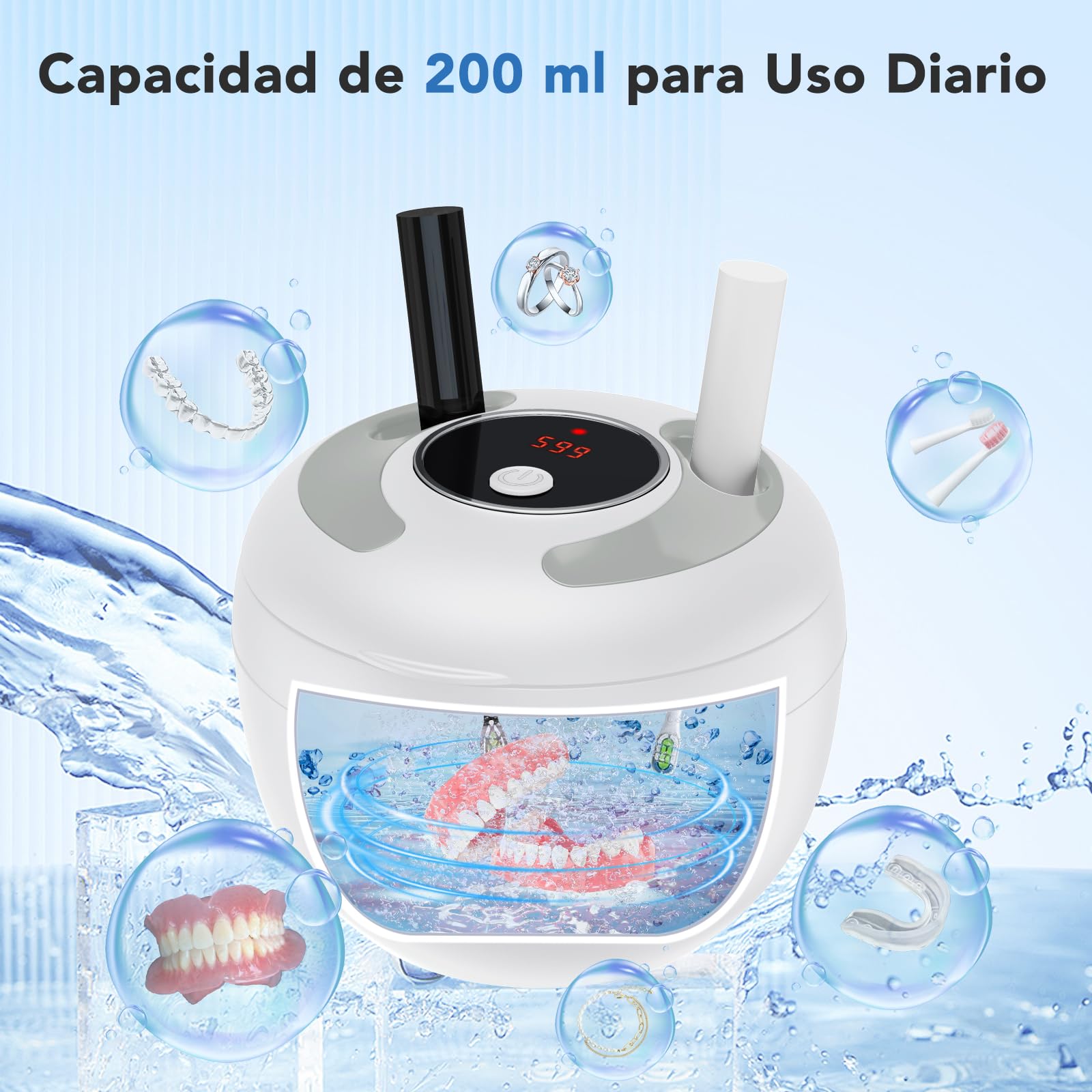 Accwork Limpiador Ultrasónico, 45 kHz Ultrasonic Cleaner, 4 modos de Limpieza, Acero Inoxidable 304, 200 ml Ultrasonidos Limpieza Dental para Aparato De, Retainer, Aligner, Blanco