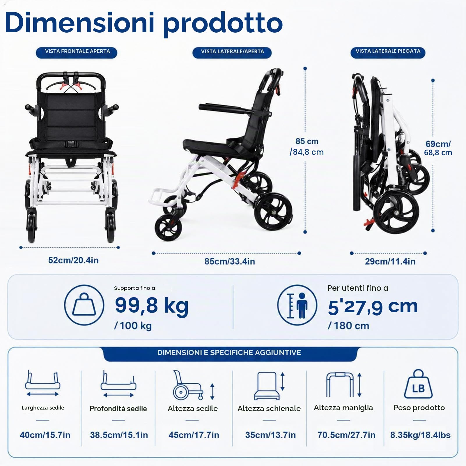 Sedia a rotelle pieghevole, leggera, 8,2 kg, con freno a mano, sedia a rotelle da viaggio per anziani e disabili, portata fino a 100 kg, compatta per viaggi, interni ed esterni