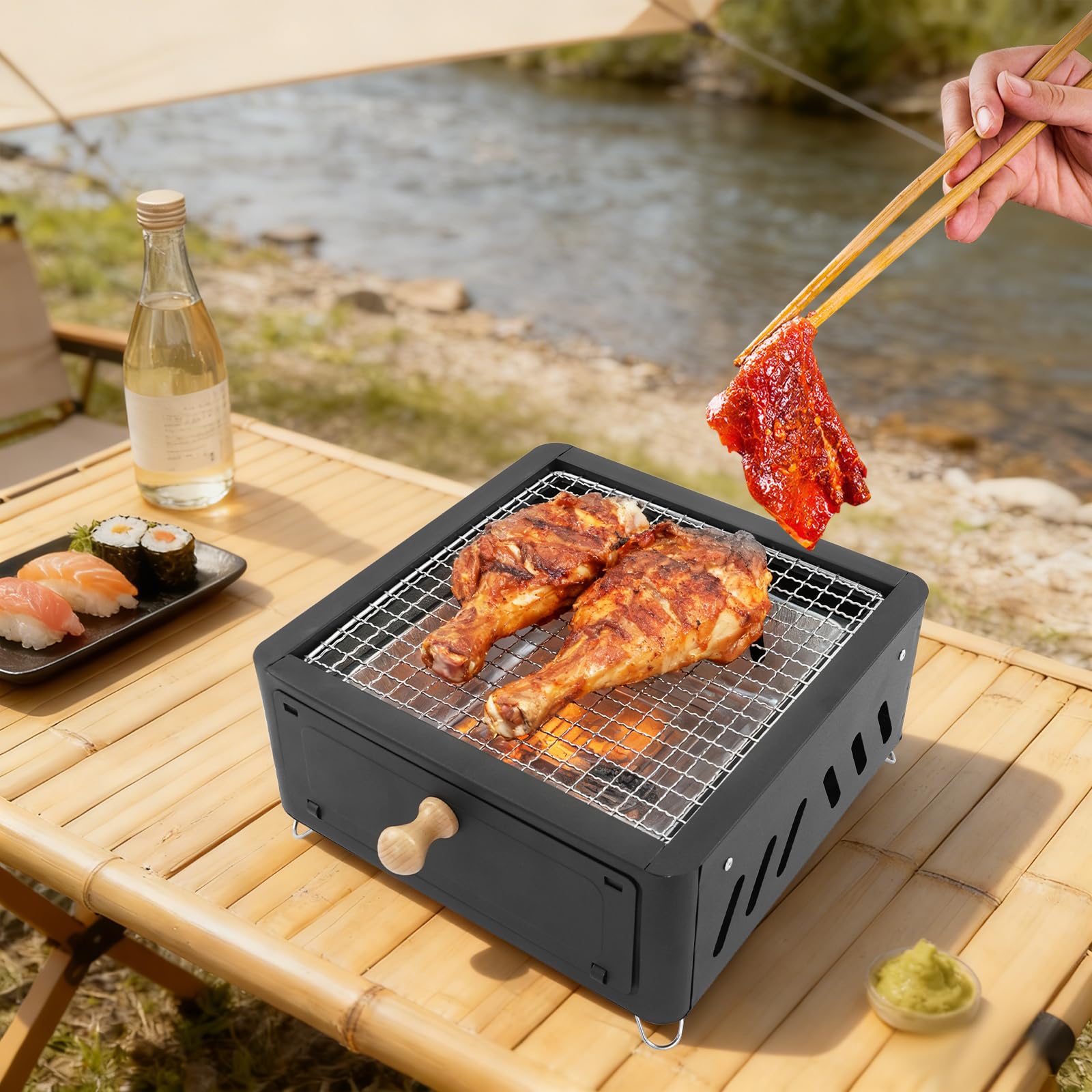 Barbacoa portátil de carbón vegetal, hornillo de camping con parrilla, mini barbacoa de mesa para picnic y preparación de té (negro)
