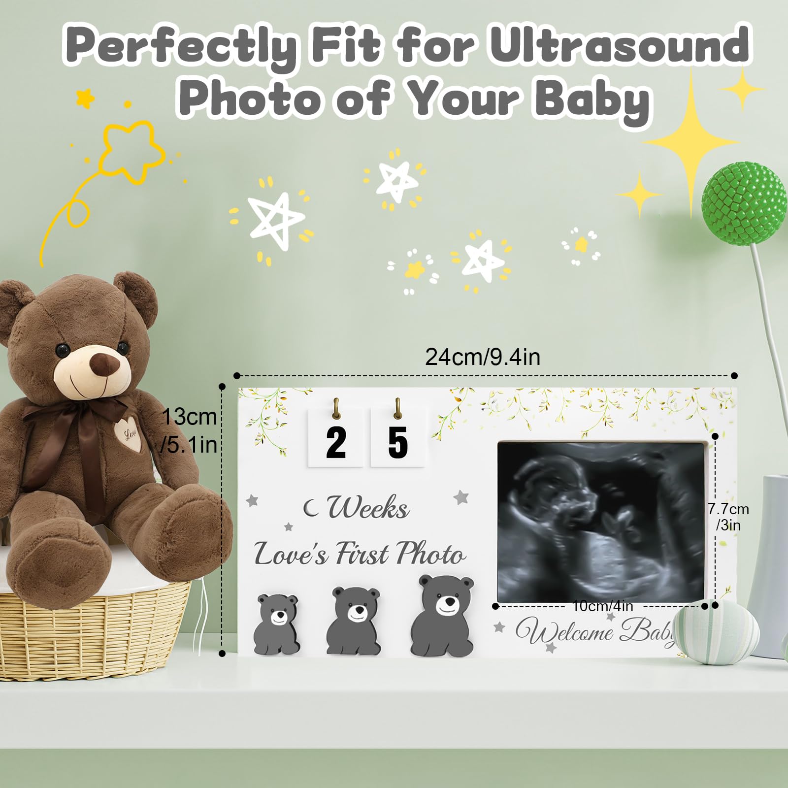 Ultradźwiękowe ramki na zdjęcia z odliczaniem tygodni, ramka na zdjęcia do sonogramu niemowlęcego z nadrukami roślinnymi do standardowego zdjęcia 10 cm x 7,6 cm, pierwsze zdjęcie miłości, ogłoszenie