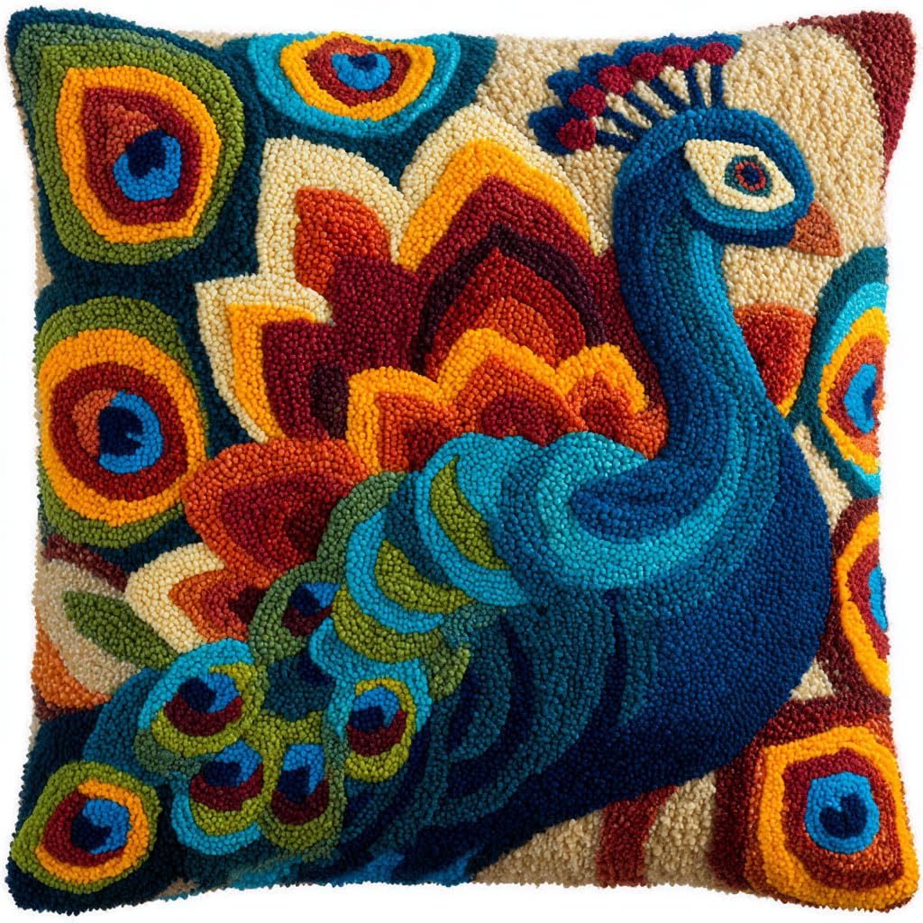 Taxpy DIY Latch Hook Cushion Kits, Animal Peacock Needlework Embroidery Set Crochet Needlework Crafts with Latch Hook Tool 43x43cm