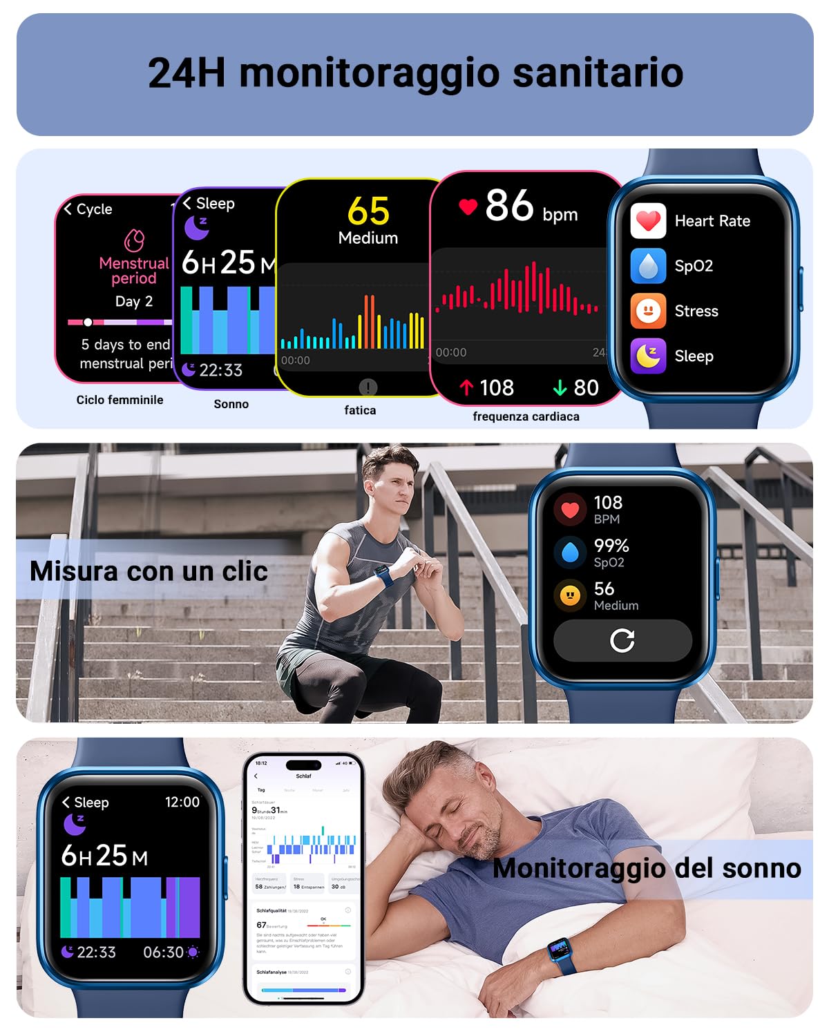 Tensky Orologio Smartwatch Uomo Donna 1,8" Smart Watch con Rispondi/Fai Chiamate, Alexa Integrata, 110+ Sport, Contapassi Monitoraggio Sonno SpO2 Frequenza Cardiaca, Impermeabile IP68, per Android iOS