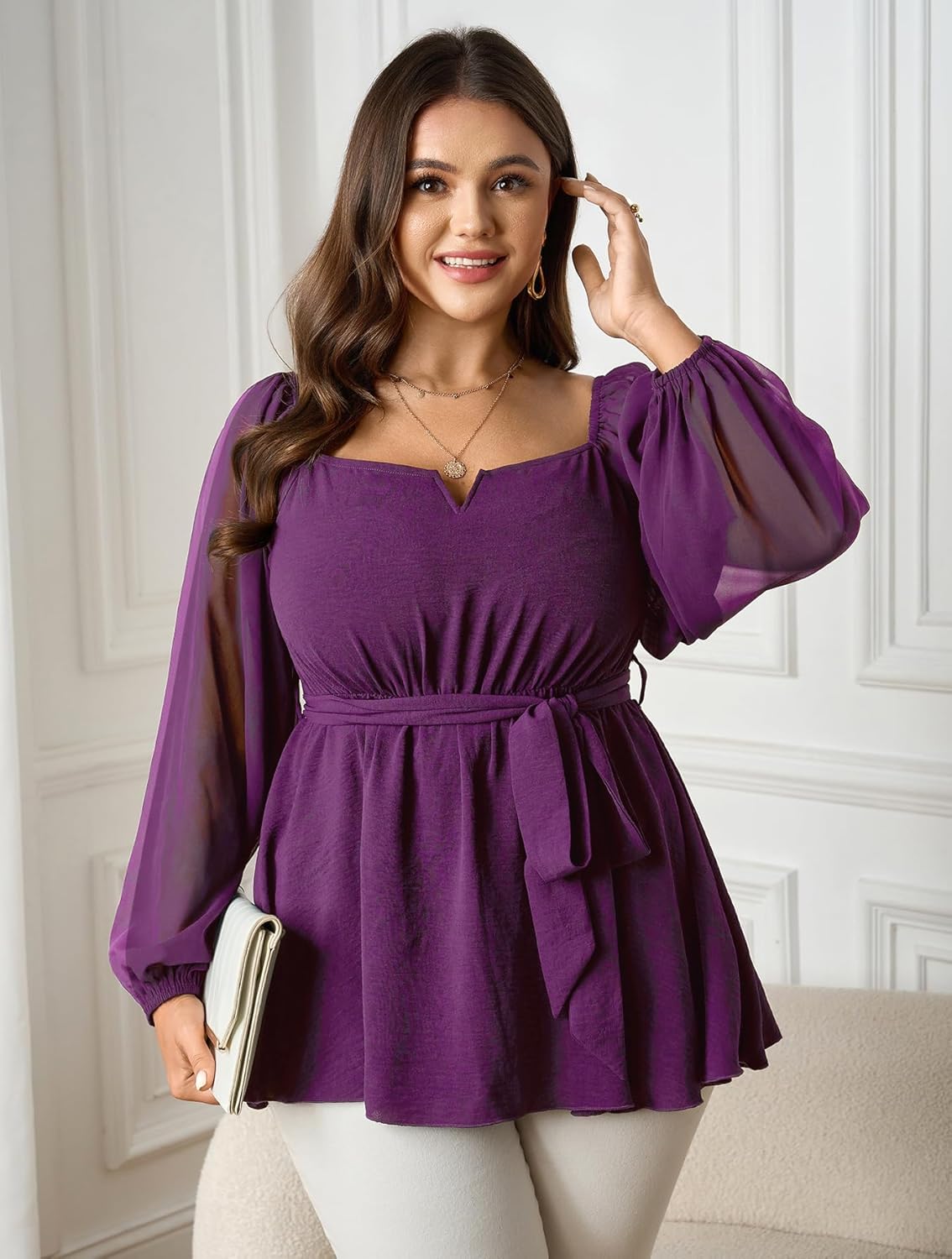 SCOMCHIC Womens Plus Size Peplum Tops Long Sleeve Square Neck Blouse Ruffle Hem Tie Waist Babydoll Top - Image 2