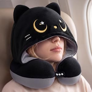 Mewaii Travel Neck Pillow with Hood for Airplanes,Memory Foam,Breathable Ice Silk & Soft Velvet,Double-Sided,Removable to Clean,Adjustable Strap,Kids Travel Pillow for Long Flights Adults & Teens