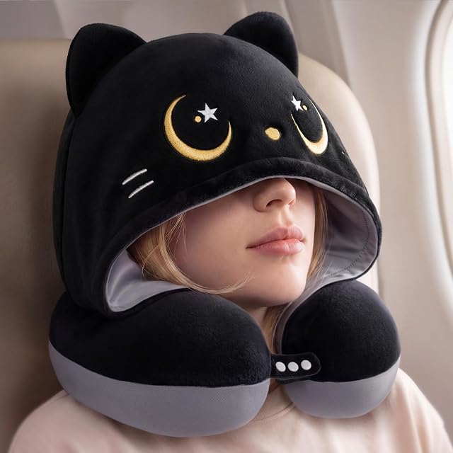 Mewaii Travel Neck Pillow with Hood for Airplanes,Memory Foam,Breathable Ice Silk & Soft Velvet,Double-Sided,Removable to Clean,Adjustable Strap,Kids Travel Pillow for Long Flights Adults & Teens