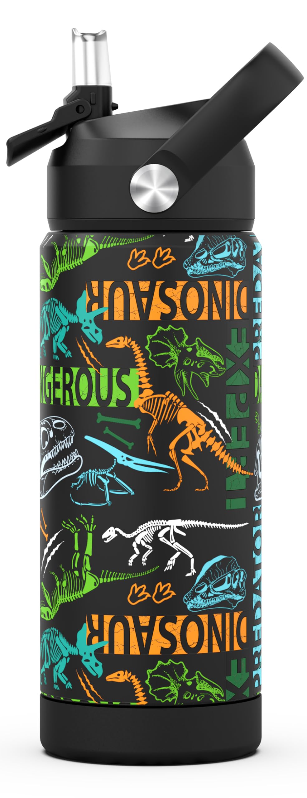 ntskood Boys Dionsaur Black Water Bottle for School，Kids 18 oz Insulated Stainless Steel Cup with Straw, Double-Wall Vacuum Leakproof