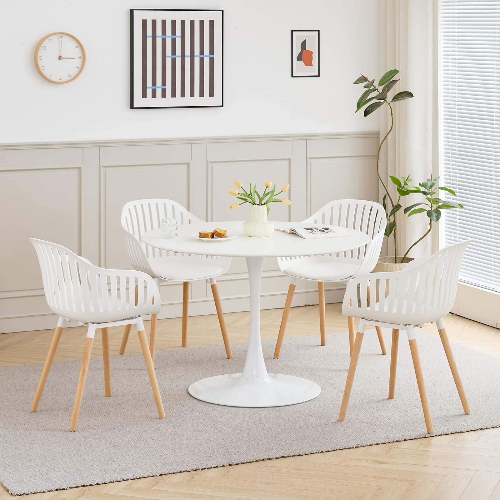 GrandCA HOME Juego de 4 Sillas Modernas de Comedor y Cocina con Reposabrazos y Cojines, Respaldo Hueco Vertical y Patas de Madera para Sala, Balcón y Oficina - Blanco