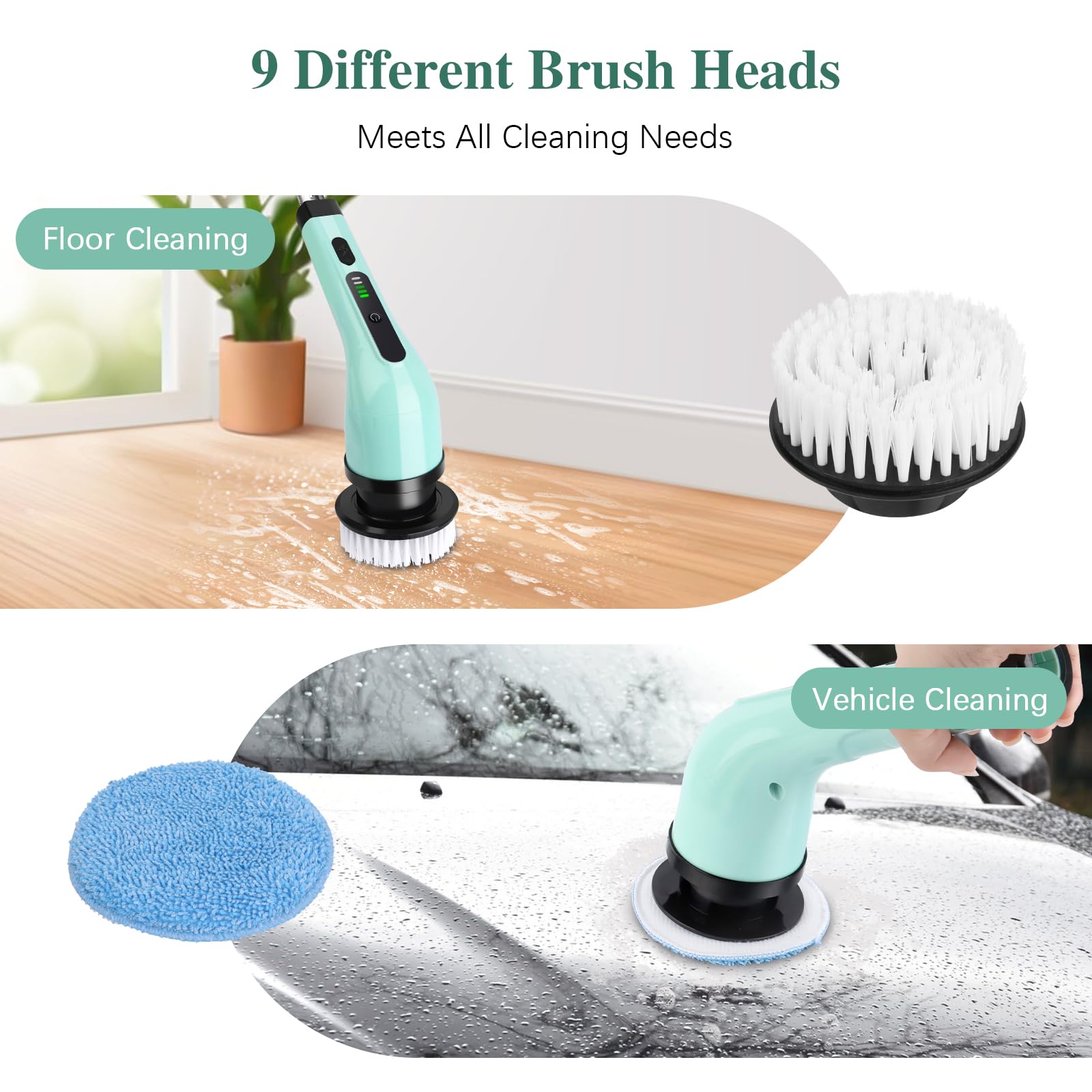 LWMTT Spazzola Elettrica Rotante con 9 Testine di Pulizia Versatili, Spin Scrubber Senza Fili con 2 Velocità Regolabili per Bagno Cucina Pavimento - Verde