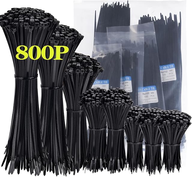 800 Pack Cable Ties Assorted Sizes 3.6mm x 100/150/200/250/300mm Black Cable Ties Heavy Duty Tie Wraps Assorted Plastic Zip Ties 40lbs Wire Ties Black Small Nylon 66 Plastic Ties for Home, Gardening