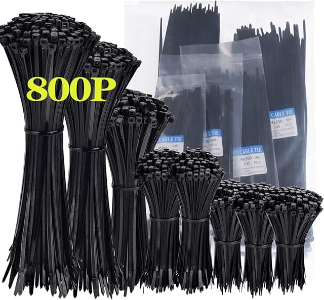 800 Pack Zip Ties Assorted Sizes 4+6+8+10+12 Inch Cable Ties 40lbs Tensile Strength Black Cable Zip Tie Heavy Duty Plastic...