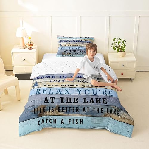 Miniatura 27 de Juego de edredón de decoración de casa de lago para dormitorio, ropa de cama de remo de lago, juego de ropa de cama de cabaña vintage con diseño