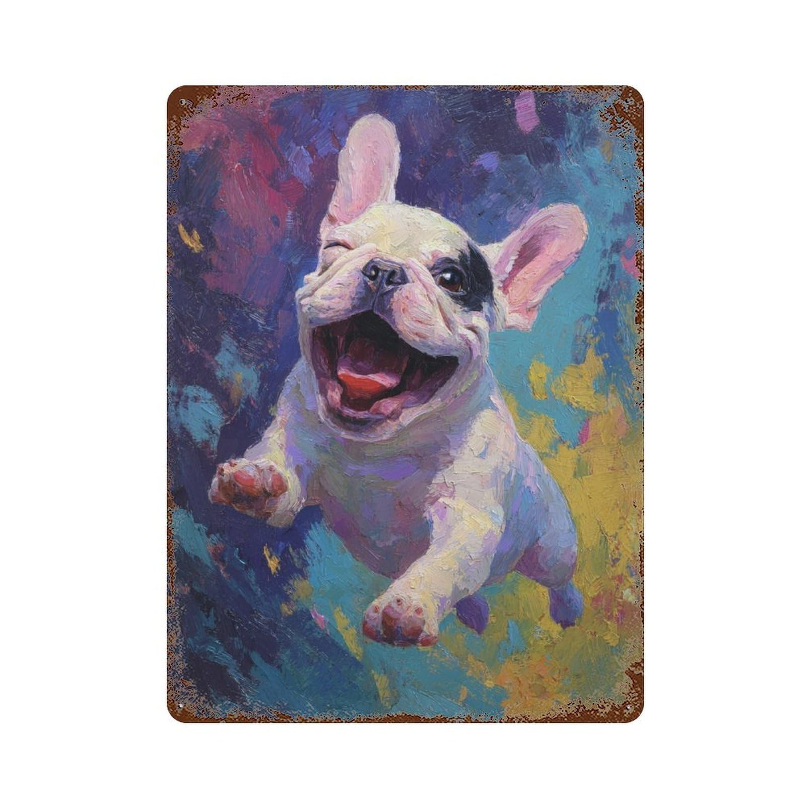 Happy French Bulldog Painting -2 Weathered Tin Sign 15.7"x11.8", Retro Wall Decor for Pub, Kitchen And Man Cave Decor