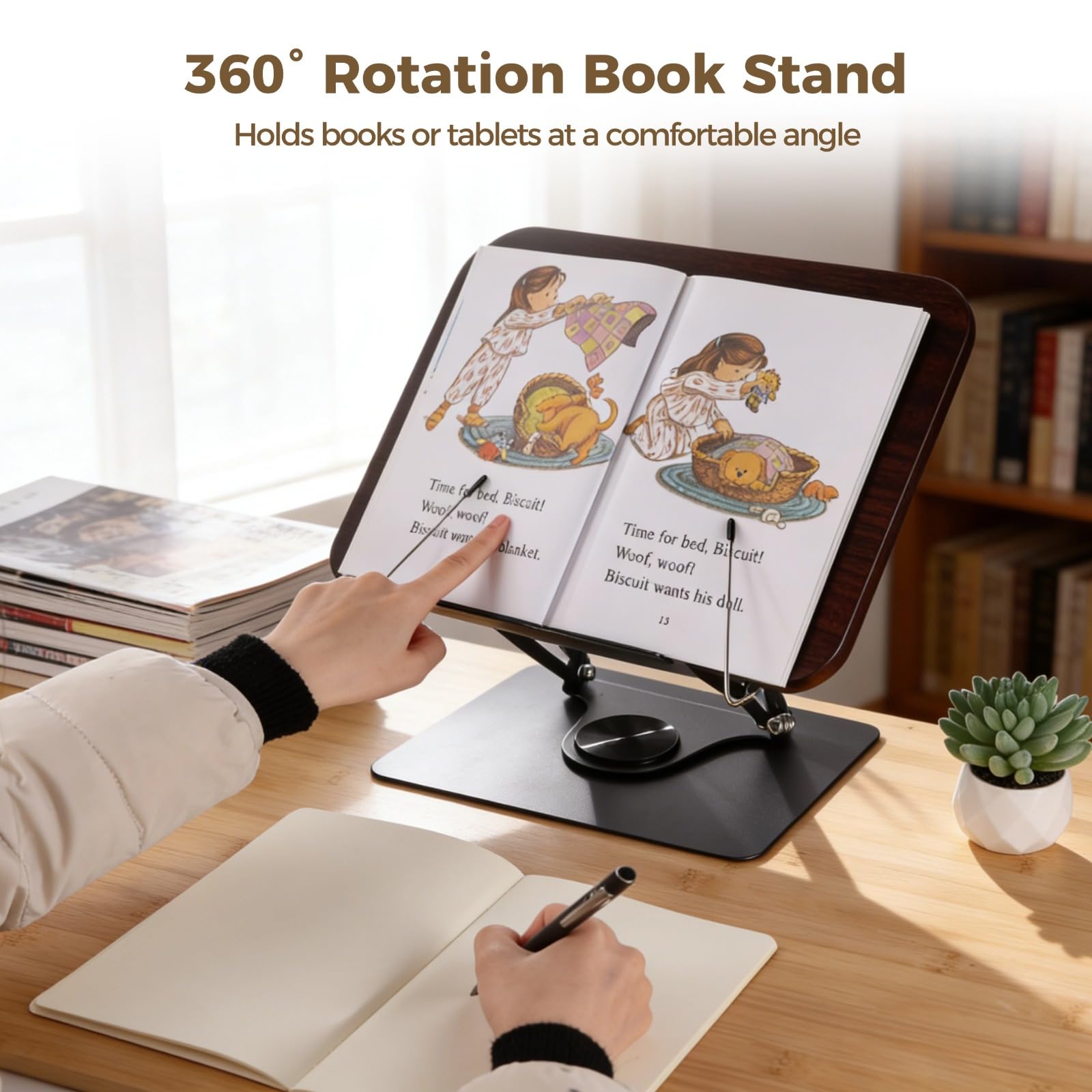 Supporto per libri, scrivania da lettura con rotazione a 360°, altezza regolabile da 1,7 a 39,1 cm, supporto pieghevole in acciaio al carbonio per leggere, cucinare, studiare e insegnare