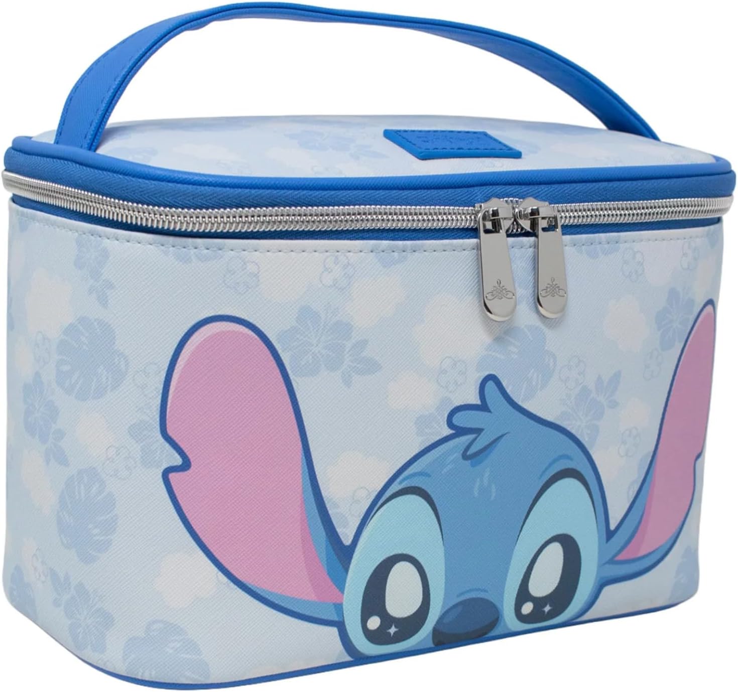 Impressions Vanity Stitch Peekaboo Makeup Train Case with Zipper Compartment, Brush Holder Pocket, Top Handle Carry Strap Makeup Bag with Slip Pocket and Silver Hardware Travel Makeup Organizer