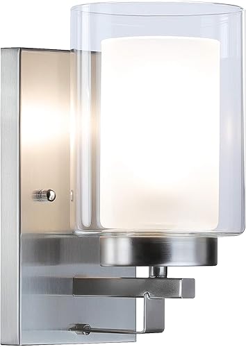 Lámpara de pared para baño con pantalla de cristal doble, color níquel cepillado, para interior, montaje en pared, para habitación y sala de estar