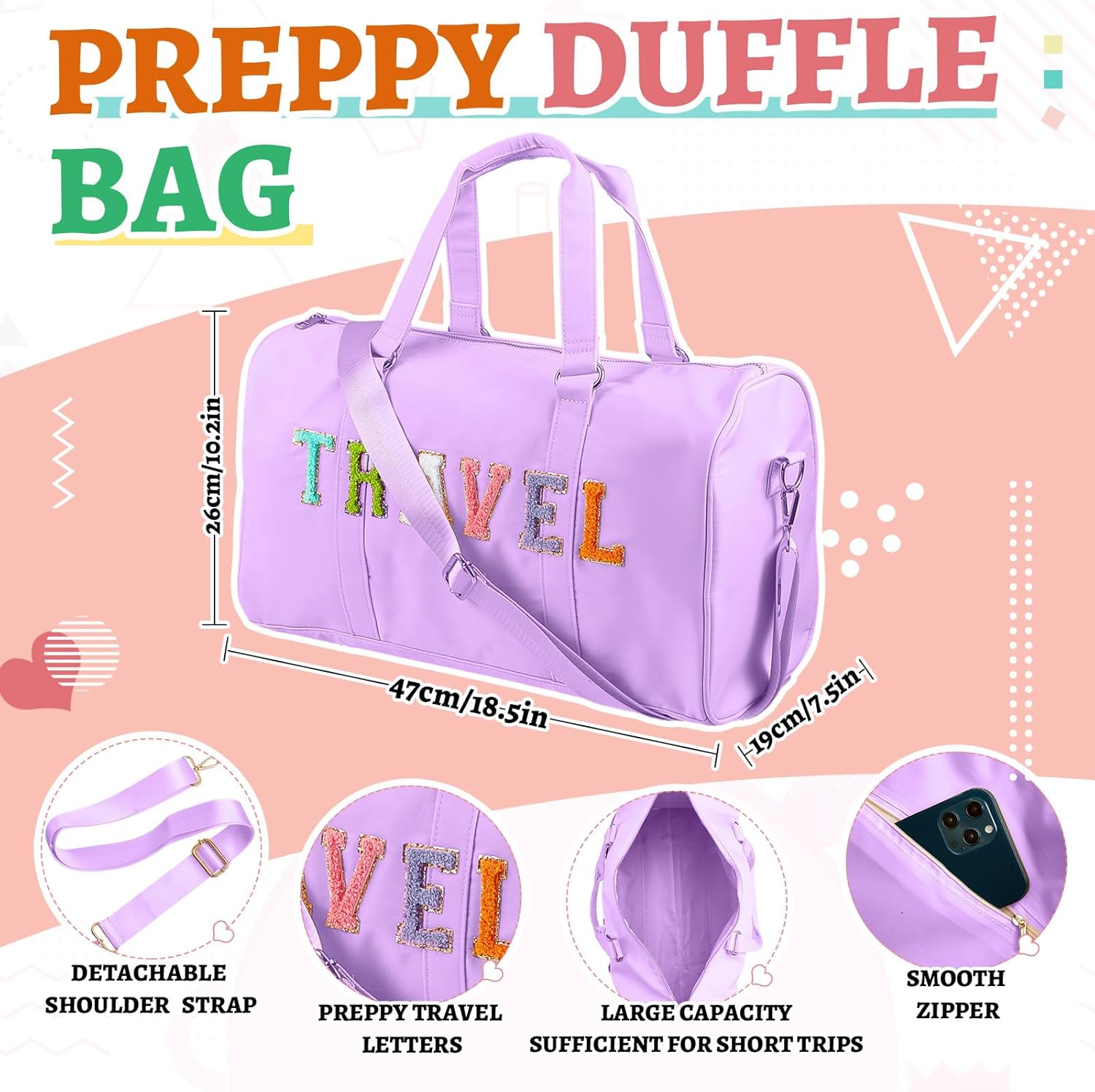 Shinylin 2 Pcs Travel Preppy Duffle Bag and Chenille Letter Makeup Pouch Cosmetic Zipper Patch Weekender Carry on Tote Bag for Women(Light Purple)