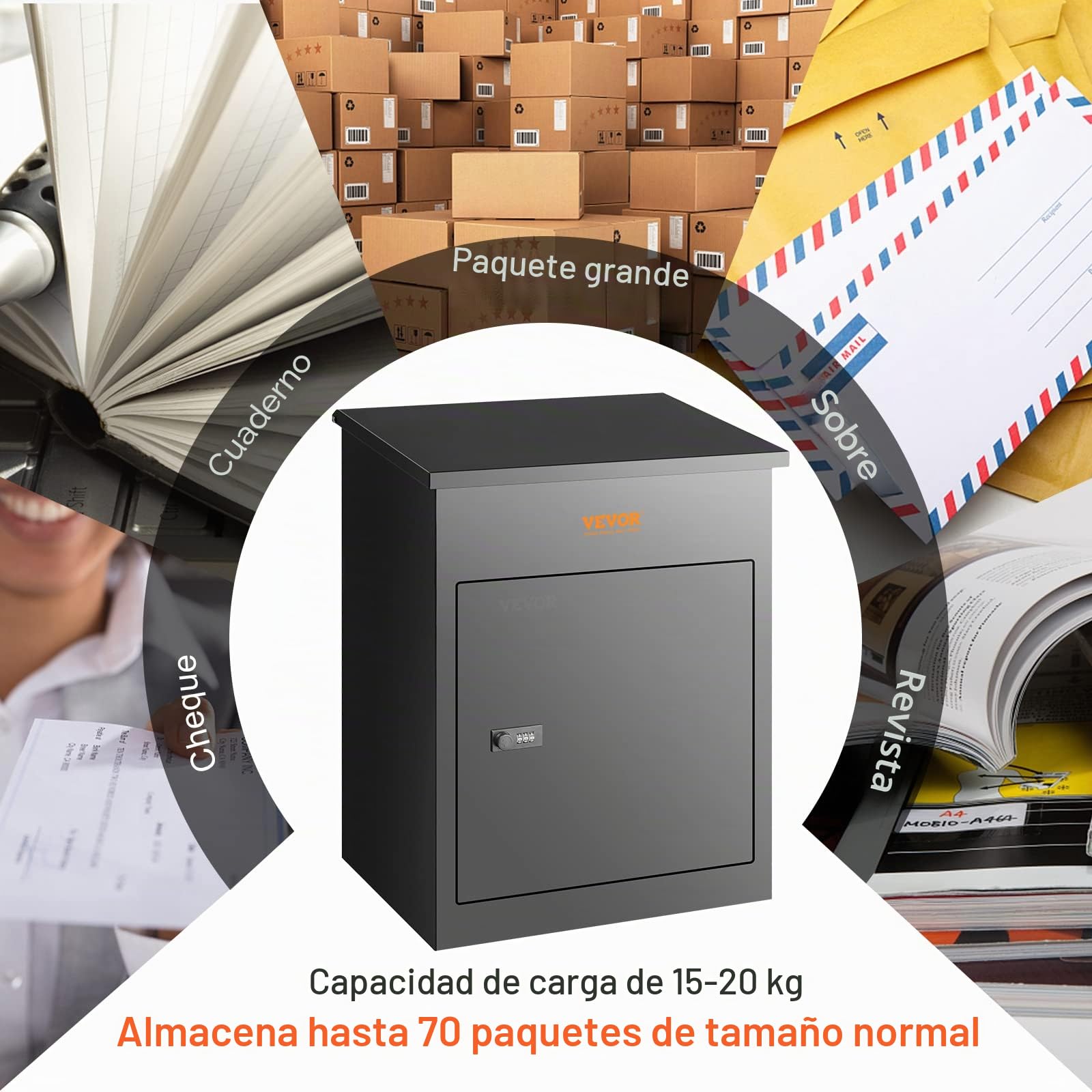 VEVOR Buzón para Paquetes 44x35x58,3 cm Buzón de Acero Galvanizado con Cerradura de Código Deflector Antirrobo Desmontable para Montaje en Pared Impermeable IPX3 Depósito de Paquetes para Hogar Porche