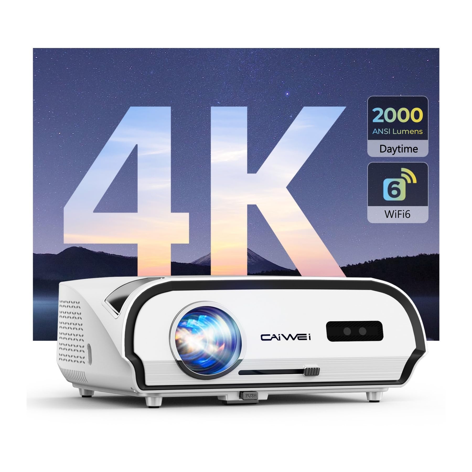 Caiwei - Proiettore home theater 4K UHD con 14300 lumen, HDR, DLP, LED, bianco, HDMI, USB