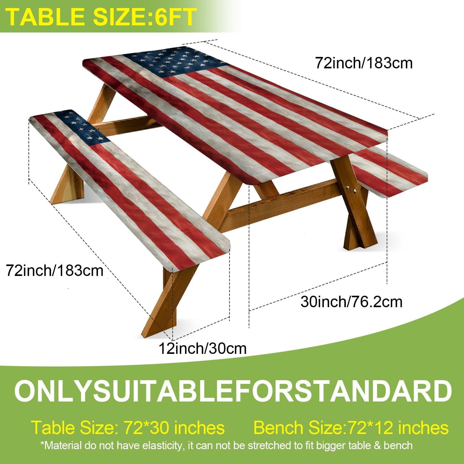 ANNA QUEEN Patriotic American Flag 6FT Picnic Table Cover with Bench Covers Set of 3 with Drawstring Bag, USA Flag 72"x30" Waterproof Picnic Tablecloth & Bench Covers for Outdoor BBQ
