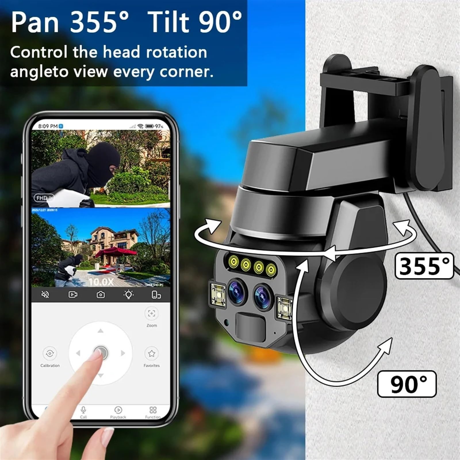 Kamera bezpieczeństwa, Kamera z podwójnym obiektywem 6 MP HD 10-krotny zoom Zewnętrzny PTZ AI Detekcja mobilna Inteligentne śledzenie Kolorowe światło Monitorowanie noktowizyjne(6MP Camera Add 32GB)