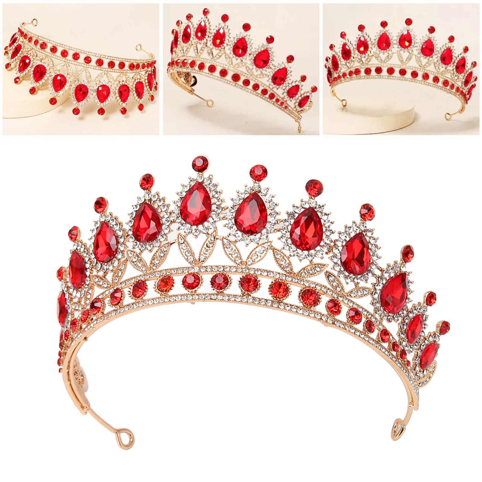 Vofler Queen Tiara, czerwona kryształowa korona dla panny młodej, ślubna ozdoba do włosów, bal absolwentów, bal kostiumowy, z grzebieniami, luksusowa