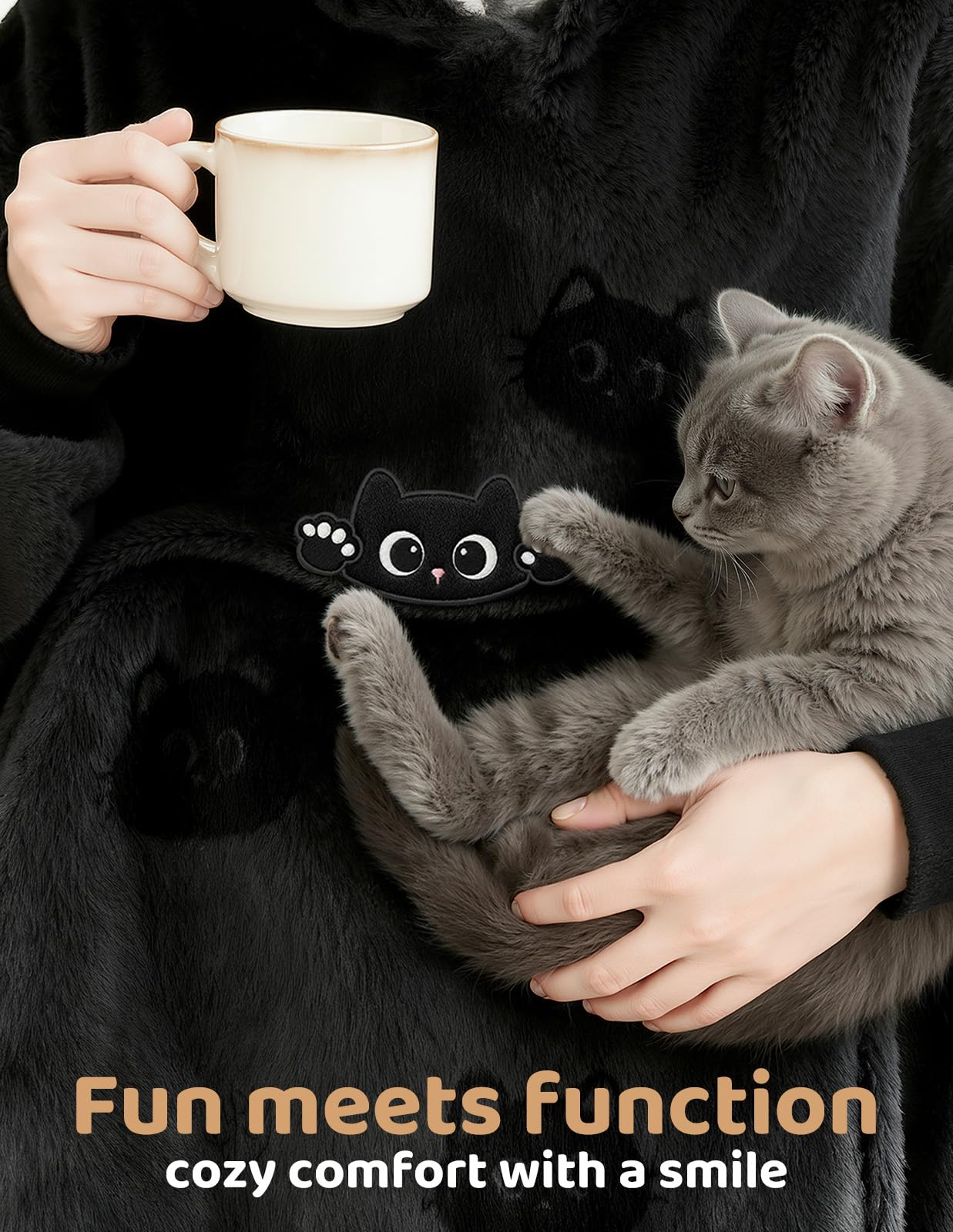 Mewaii Wearable Blanket Hoodie for Adults Soft Flannel & Warm Sherpa, Black Cat Hooded Blanket with Giant Pocket - Image 4