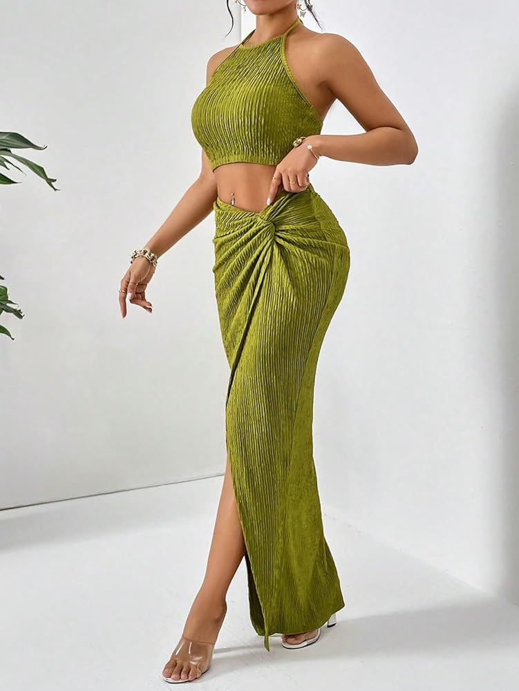 Amazon.com: BEAUDRM Women's 2 Pieces Outfit Textured Halter