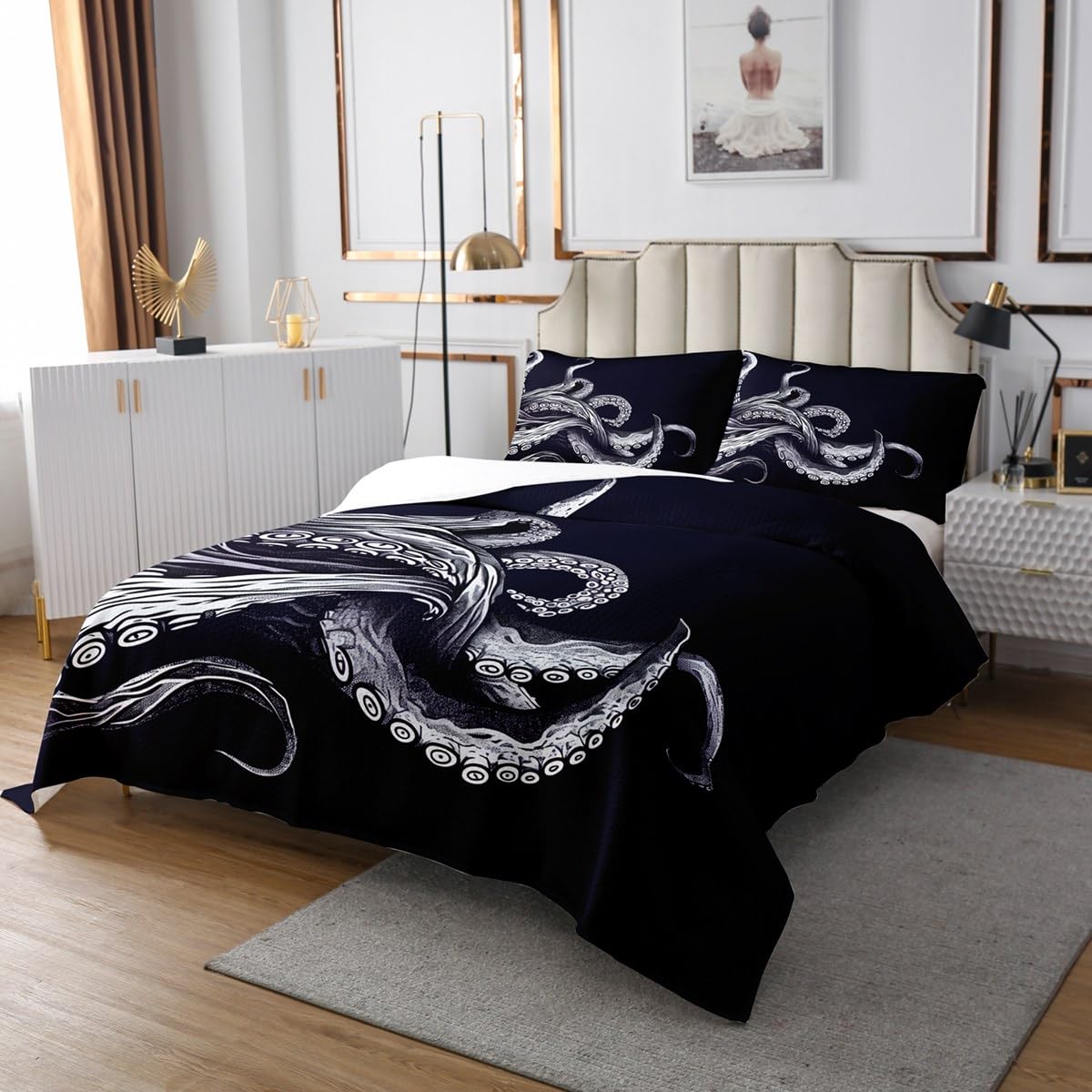 Octopus Lightweight Quilt Set for Kids Teens,Octopus Tentacles Bedspread Coverlet,Sea Animals Bed Cover Ocean Theme Bedding Set Decorative Quilted 2 Piece Coverlet Set with 1 Pillow Sham,Twin Size
