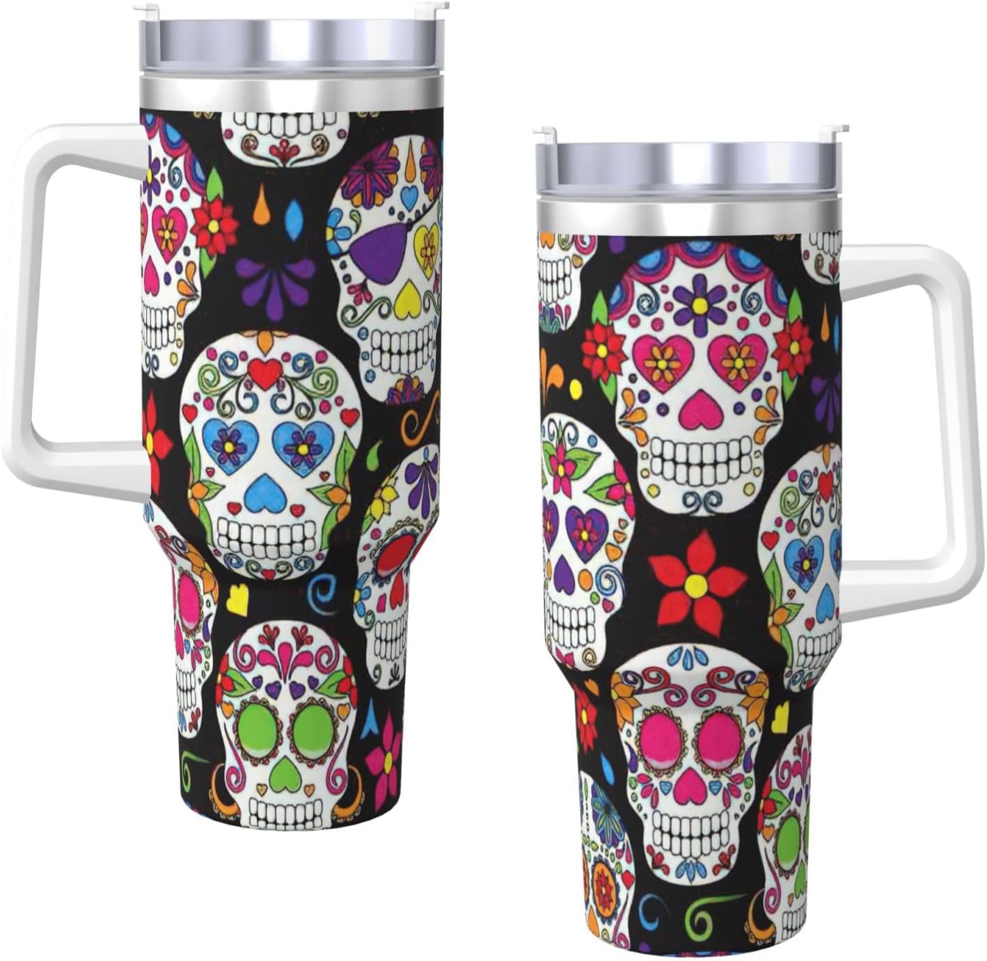 40 OZ Sugar Skulls Print Ice Bully Cup with Handle Straw Lid Straw,Stainless Steel Tumbler Coffee Cup
