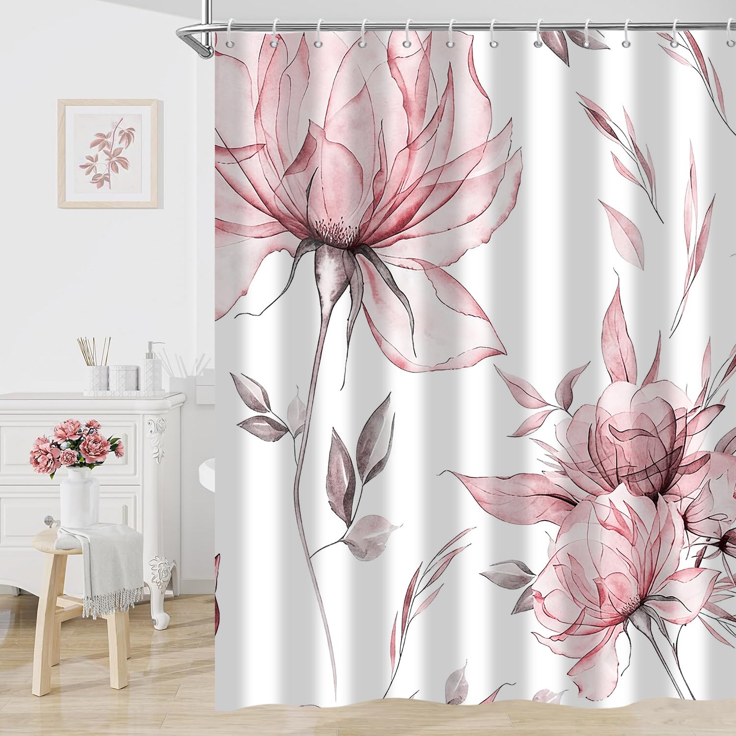 Rideau de douche fleurs aquarelle rose 180x200 moderne en tissu polyester imperméable