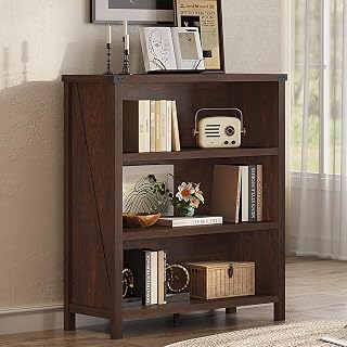 BON AUGURE Small 3 Tier Bookshelf, Short Wood Bookcase, Brown Cherry, 36"