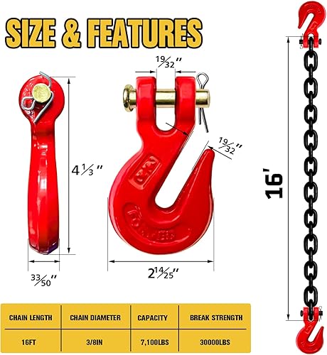 Miniatura 9 de Cadena de transporte G80 Cadena resistente de 1/4 pulgadas × 20 pies con resistencia a la rotura de 3300 libras para remolque Cadenas