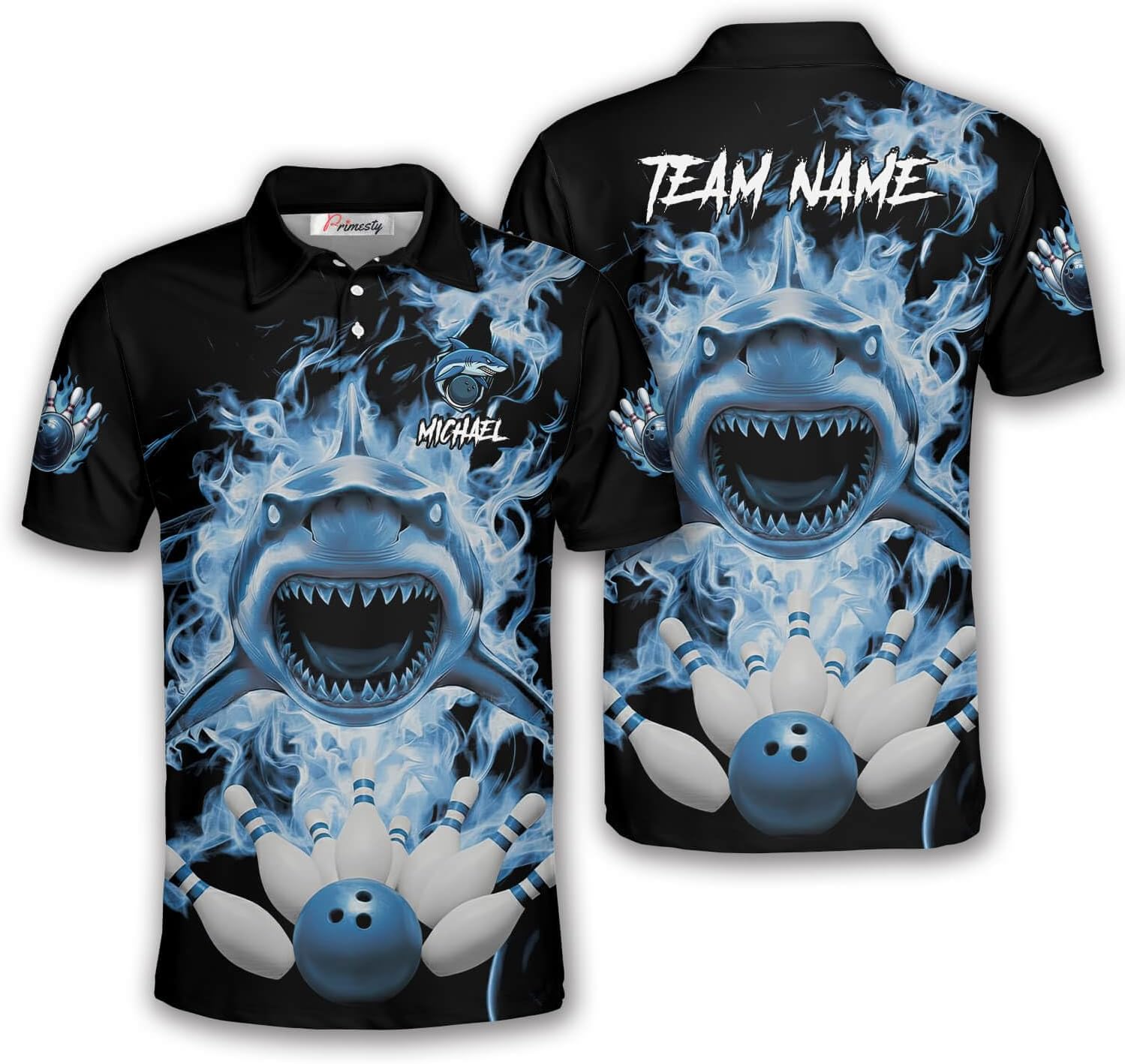PRIMESTY Shark Bowling Polo Shirts – Personalized Bowling Jerseys with Shark Design for Men, Women, and Unisex