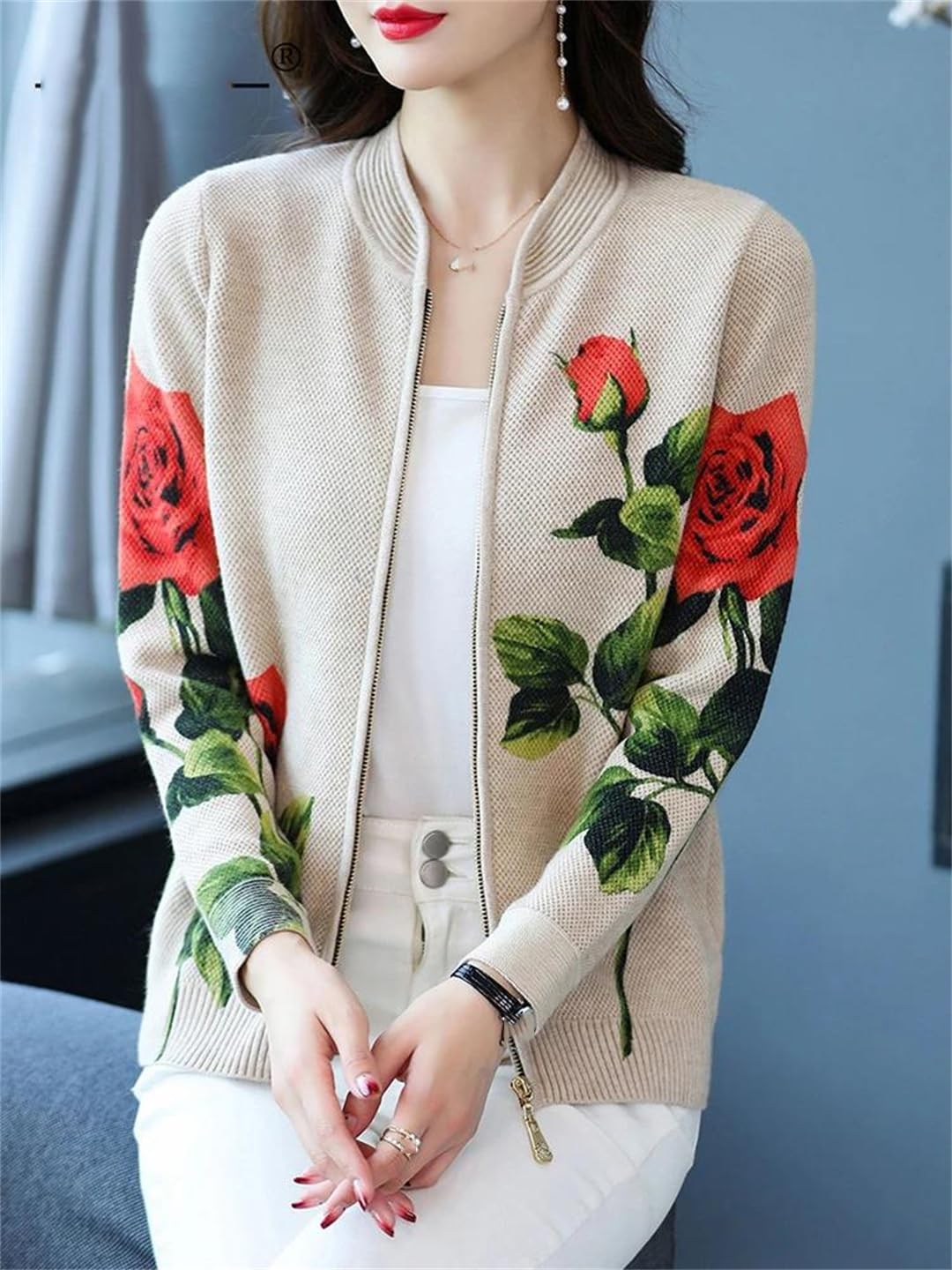 [Ornrjfll] レディース セーターカーディガン Oネック ジッパー ゆったり長袖 ンプリント ニットカーディガン