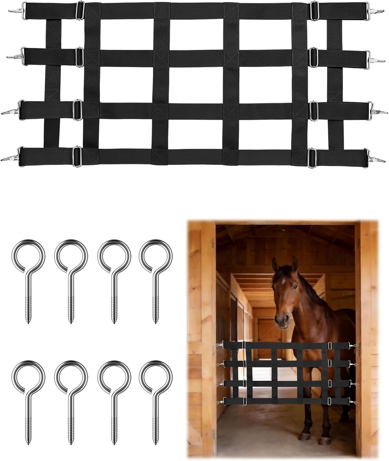 Harrison Howard Adjustable Horse Stall Guard Poly 4 Slat Door Guard for Horse Barns Sturdy Webbing Grid Design Stall Guard Black