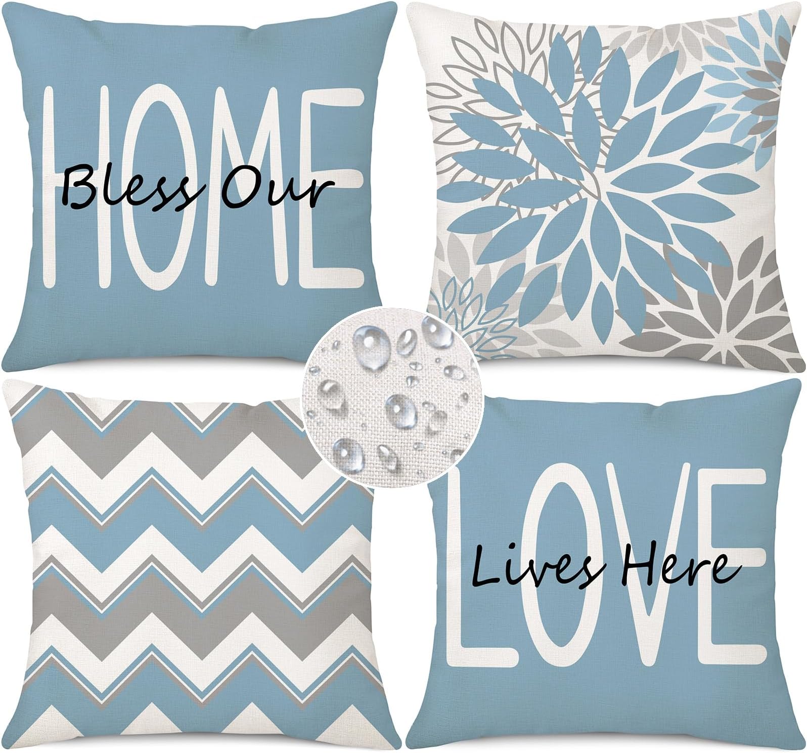 Coeufuedy Blue Outdoor Waterproof Throw Pillow Covers 18 x 18 Set of 4 Floral Geometric Bless Our Home Love Lives Here Decorative Cushion Case for Patio Furniture Bedroom Sofa Couch