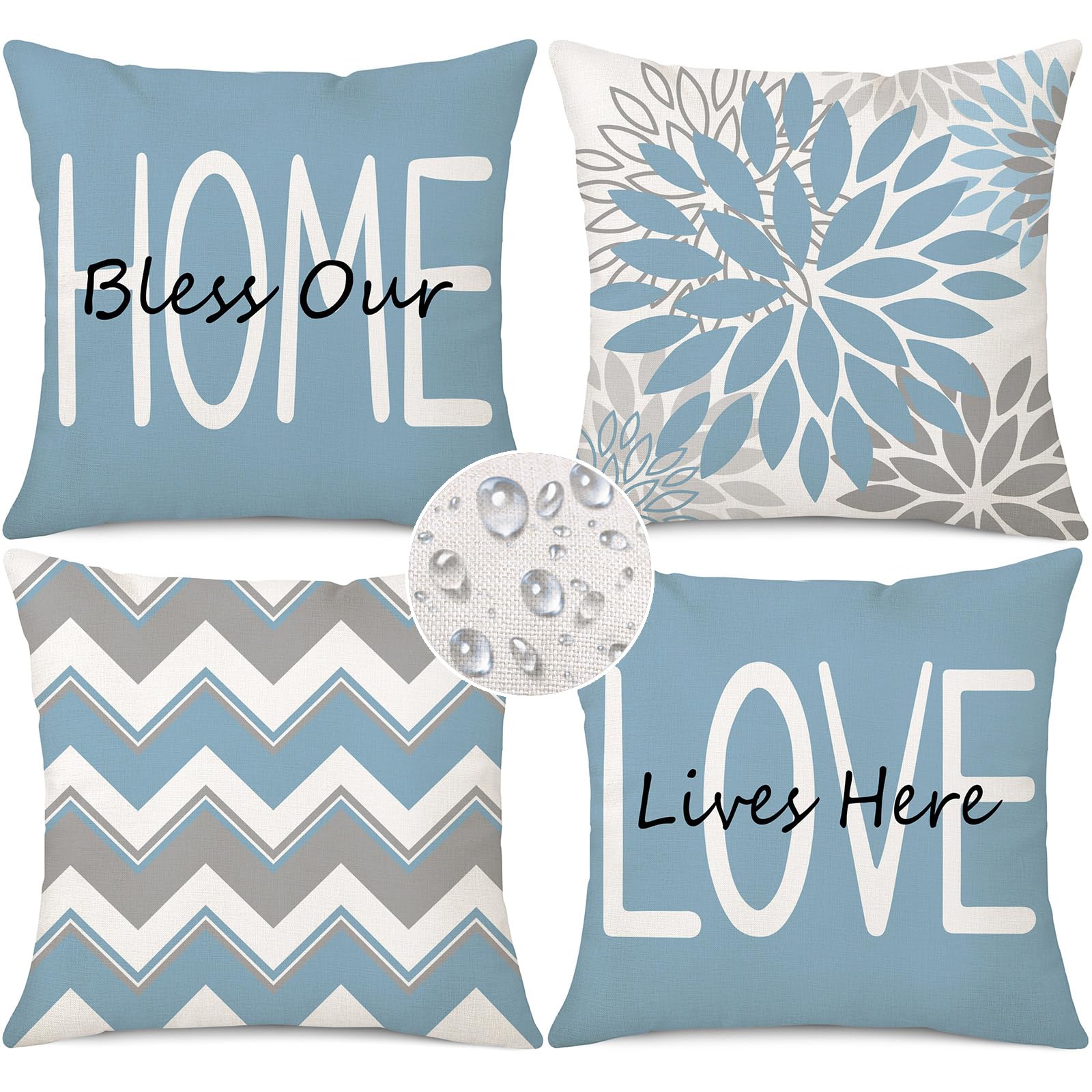 Coeufuedy Blue Outdoor Waterproof Throw Pillow Covers 18 x 18 Set of 4 Floral Geometric Bless Our Home Love Lives Here Decorative Cushion Case for Patio Furniture Bedroom Sofa Couch