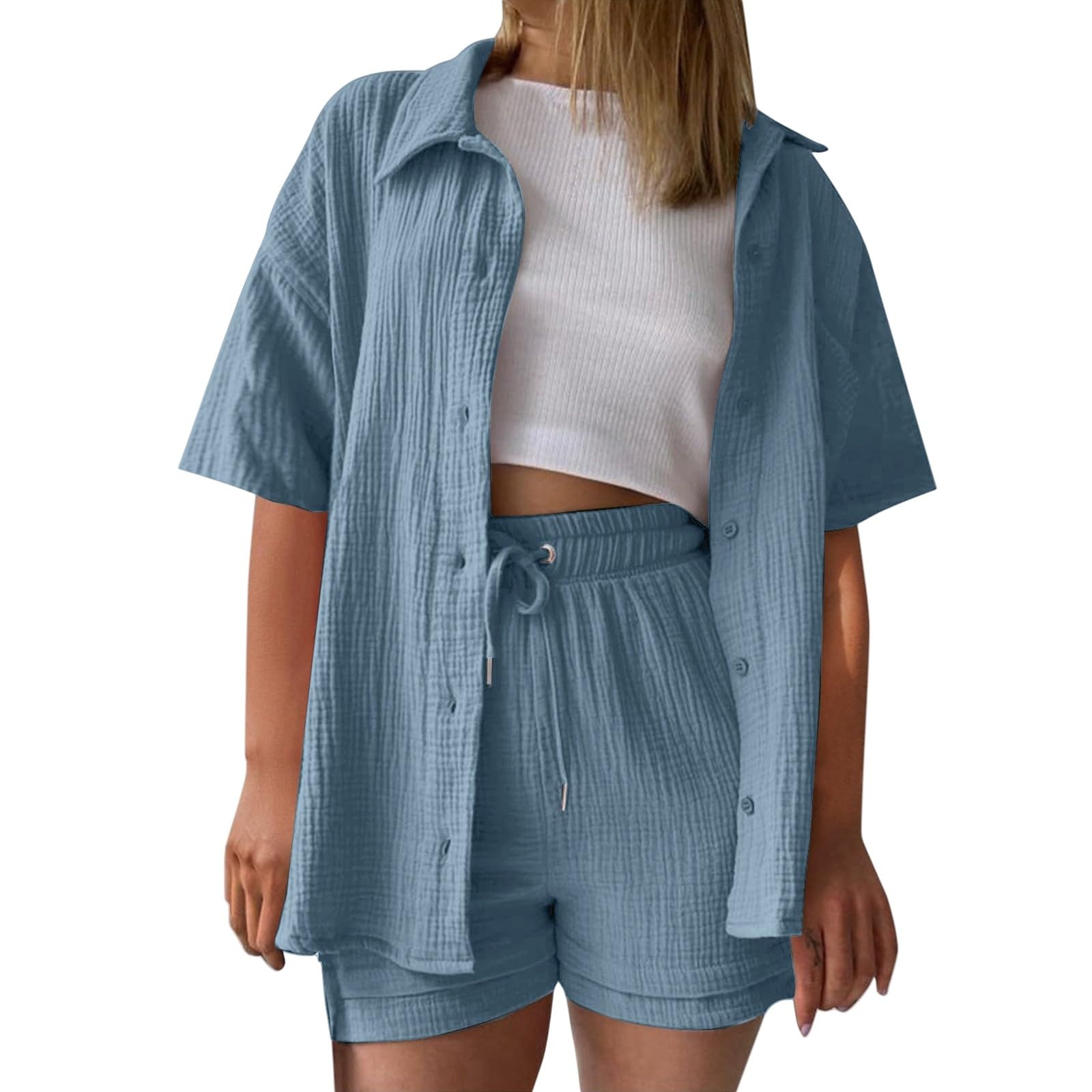 Generisch Zweiteiler Damen Sommer Outfits Musselin Bluse und Shorts, Aesthetic 2 Teiler Lounge Set Elegant Baumwolle Sportanzug Oversize Hosenanzug Langarm Hausanzug Y2K Clothes Musselin Bluse Damen