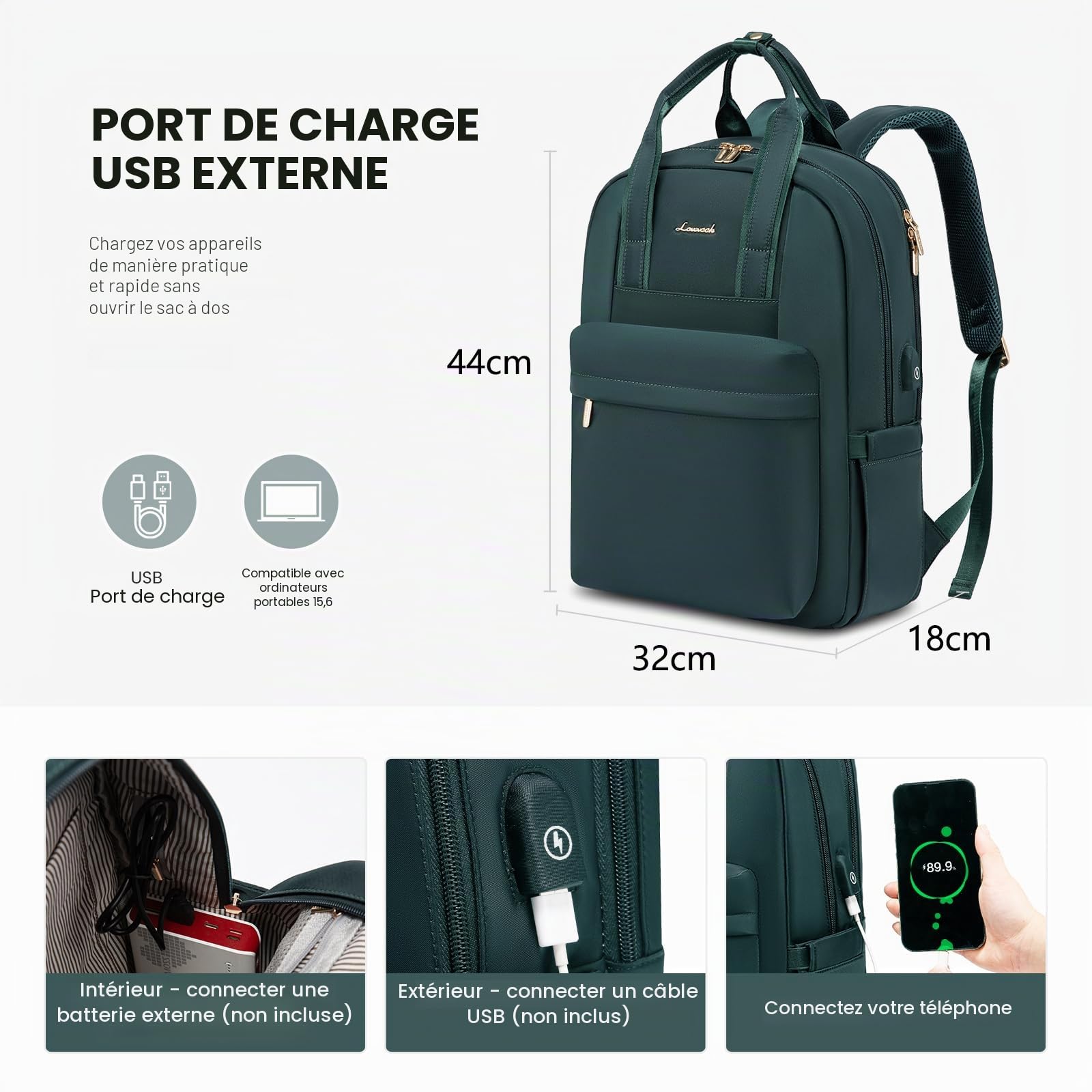 LOVEVOOK Sac à dos pour femme avec compartiment pour ordinateur portable - Étanche - Sac à dos de voyage élégant - Pour l'université, le bureau, les voyages, Vert foncé, 15.6 inches, Décontracté